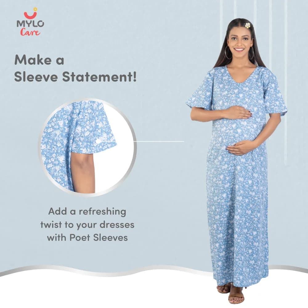 Maternity Dresses For Women with Both Side Zipper For Easy Feeding | Adjustable Belt for Growing Belly | Maxi Nighty Dress | Blue Rose | M