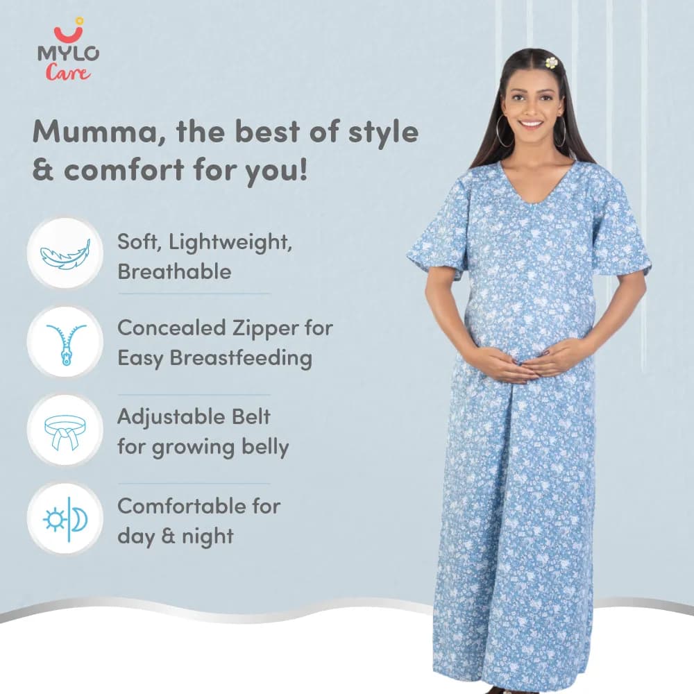 Maternity Dresses For Women with Both Side Zipper For Easy Feeding | Adjustable Belt for Growing Belly | Maxi Nighty Dress | Blue Rose | XL