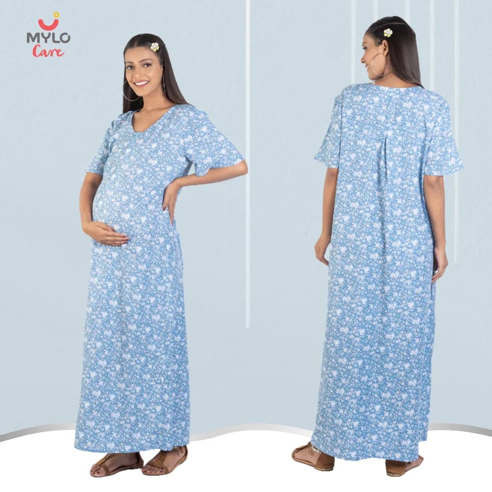 Maternity Dresses For Women with Both Side Zipper For Easy Feeding | Adjustable Belt for Growing Belly | Maxi Nighty Dress | Blue Rose | XL