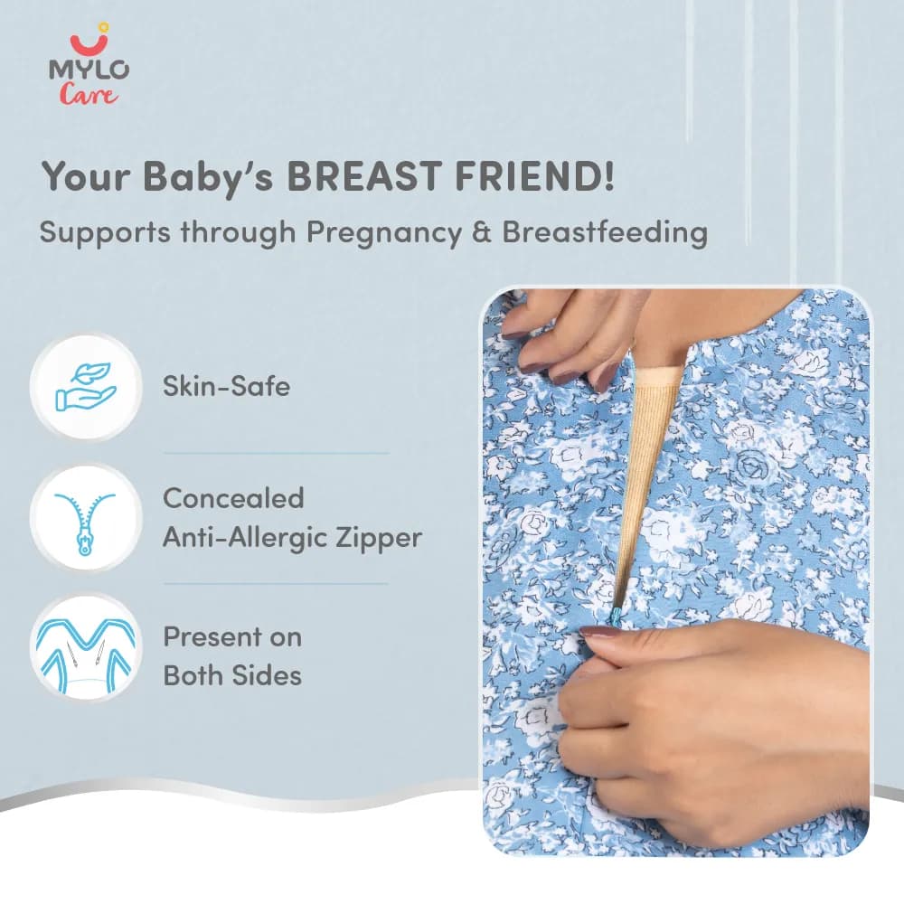 Maternity Dresses For Women with Both Side Zipper For Easy Feeding | Adjustable Belt for Growing Belly | Maxi Nighty Dress | Blue Rose | XXL