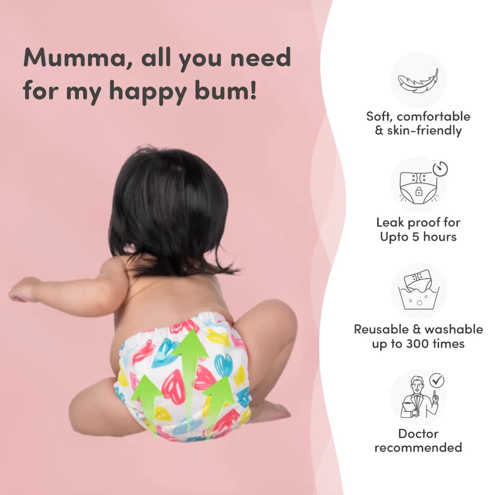 Adjustable Washable & Reusable Cloth Diaper With Absorbent Insert Pad (3M-3Y) | Oeko-Tex Certified | Prevents Rashes - Heart Doodle - Pack of 1