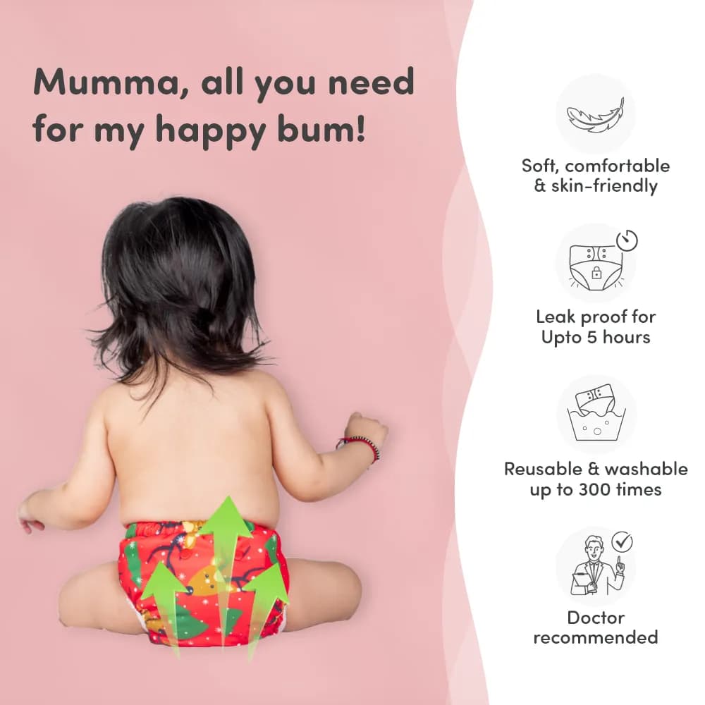 Adjustable Washable & Reusable Cloth Diaper With Dry Feel, Absorbent Insert Pad (3M-3Y) | Oeko-Tex Certified | Prevents Rashes - Celebration - Pack of 1