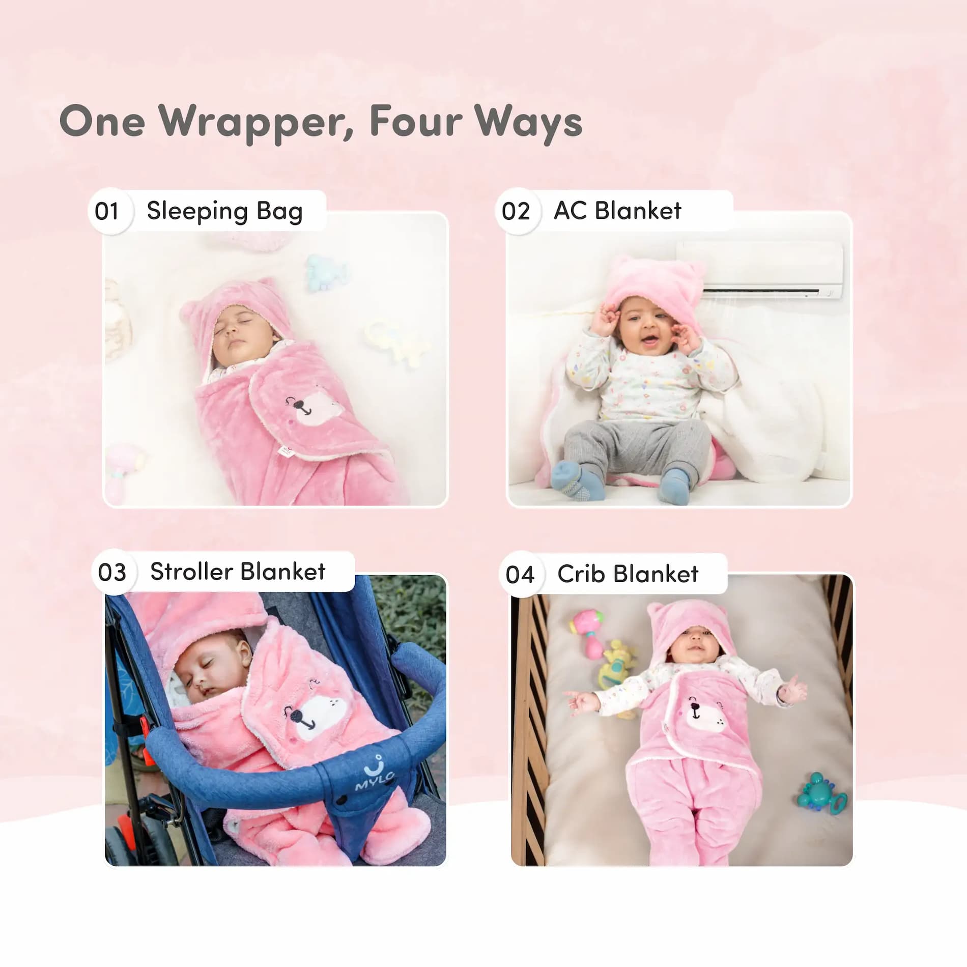 Baby Wrapper for New Born | Baby Swaddling Wrapper | 4-in-1 All Season AC Blanket cum Sleeping Bag for Baby 0-6 Months - Light Pink