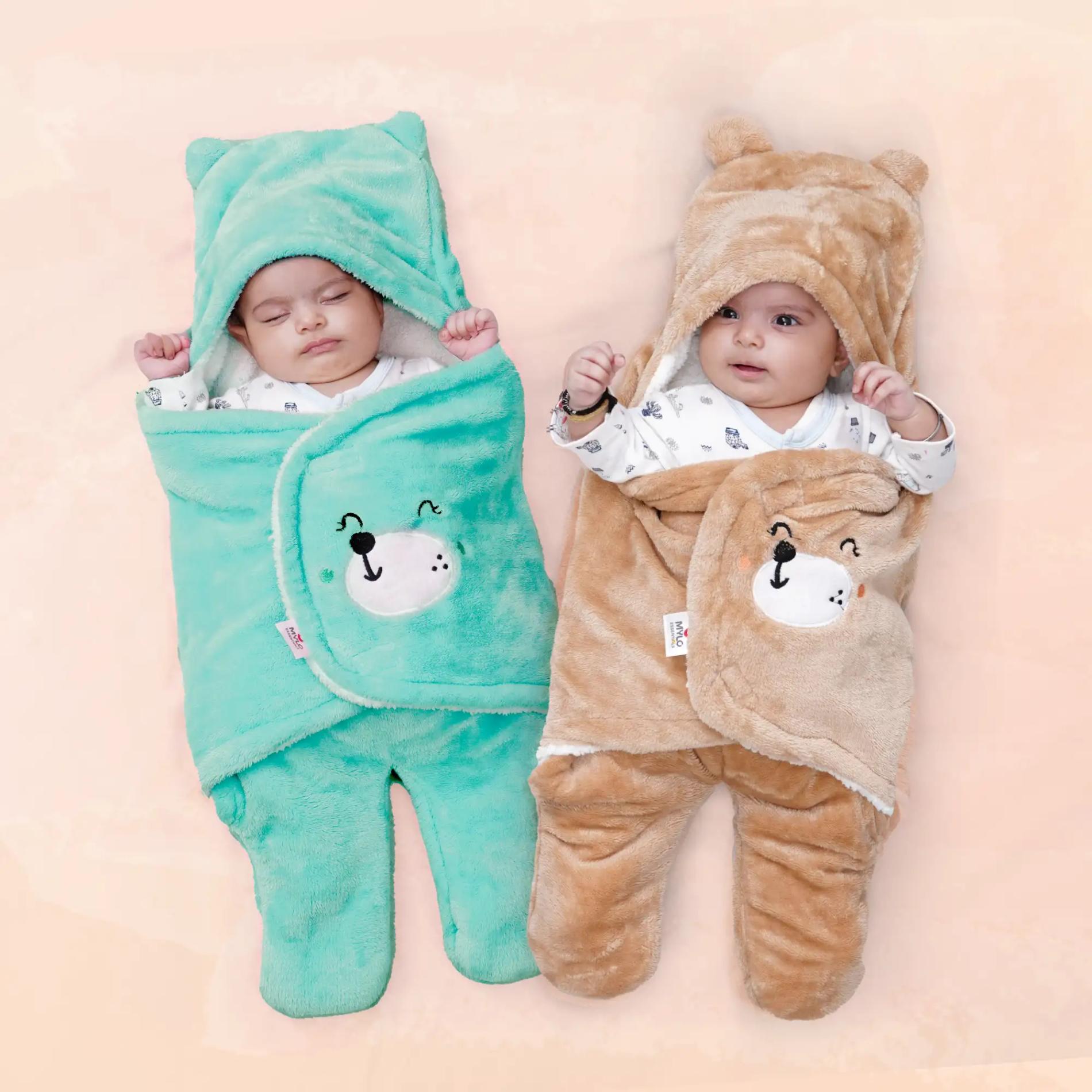 Baby Wrapper for New Born | Baby Swaddling Wrapper | 4-in-1 All Season AC Blanket cum Sleeping Bag for Baby 0-6 Months - Mint Green & Light Brown