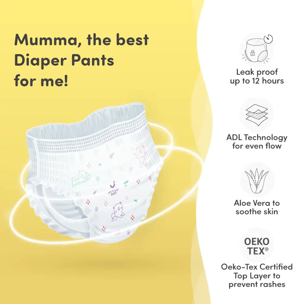 Mylo Baby Diaper Pants Medium (M) Size, 7-12 kgs with ADL Technology - 76 Count - 12 Hours Protection