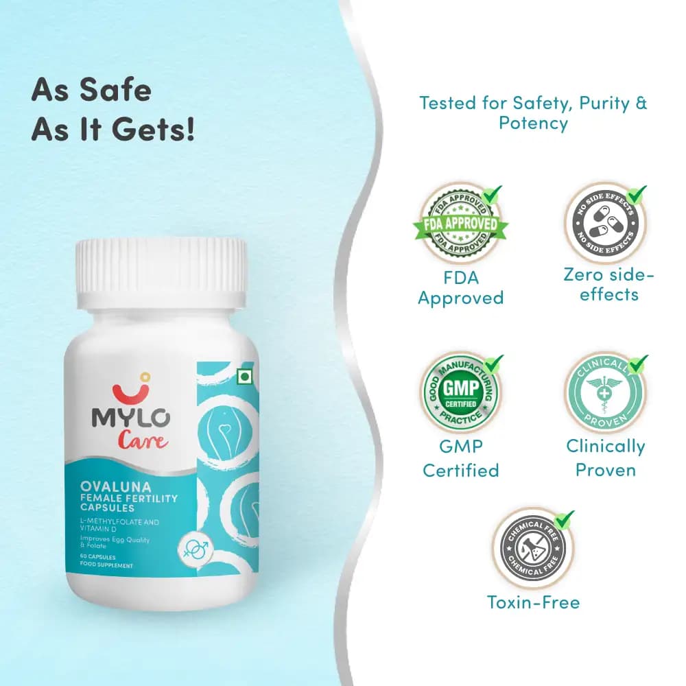 Mylo Ovaluna Female Fertility Tablets - 60 Capsules| Improves Egg Health & Folate Levels |Improves Reproductive Health & Hormonal Balance