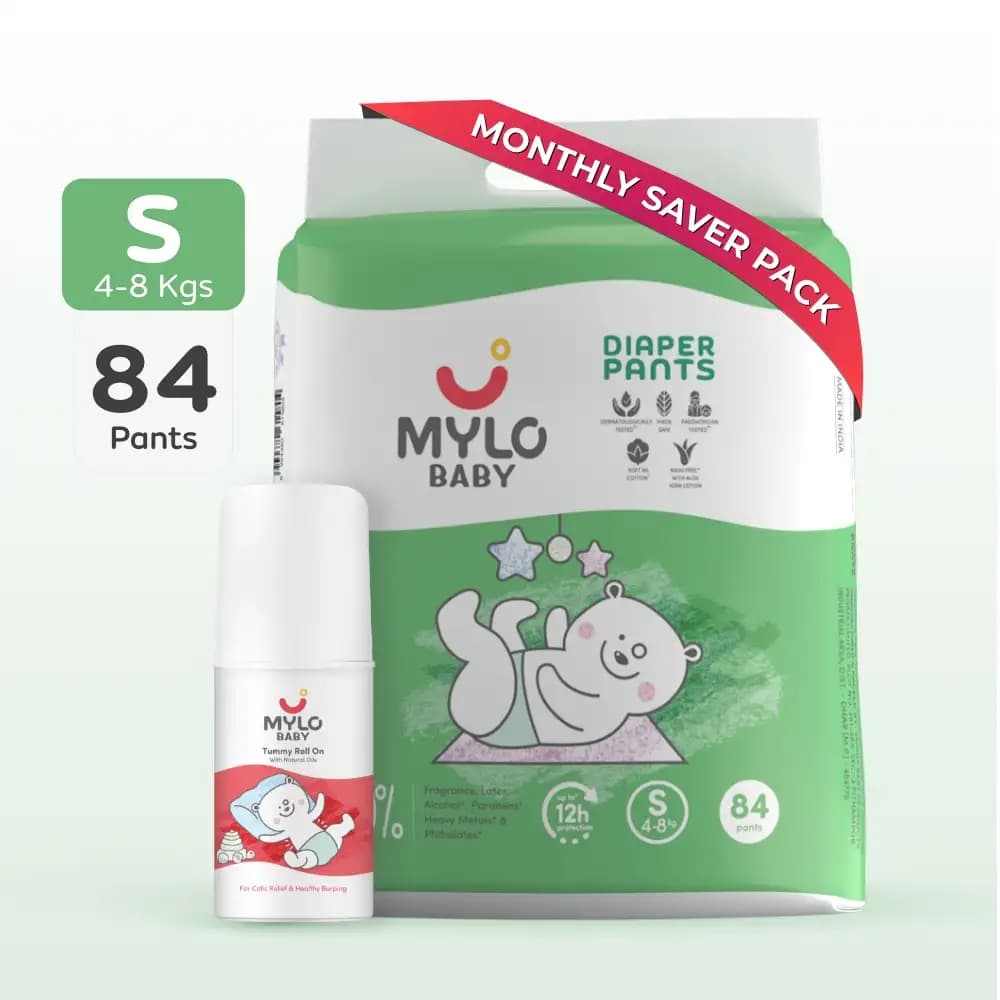 Super Saver Combo - Baby Diaper Pants Small (S) Size 4-8 kgs (84 count) Leak Proof + Tummy Roll On For Baby For Gas & Colic - 40 ml