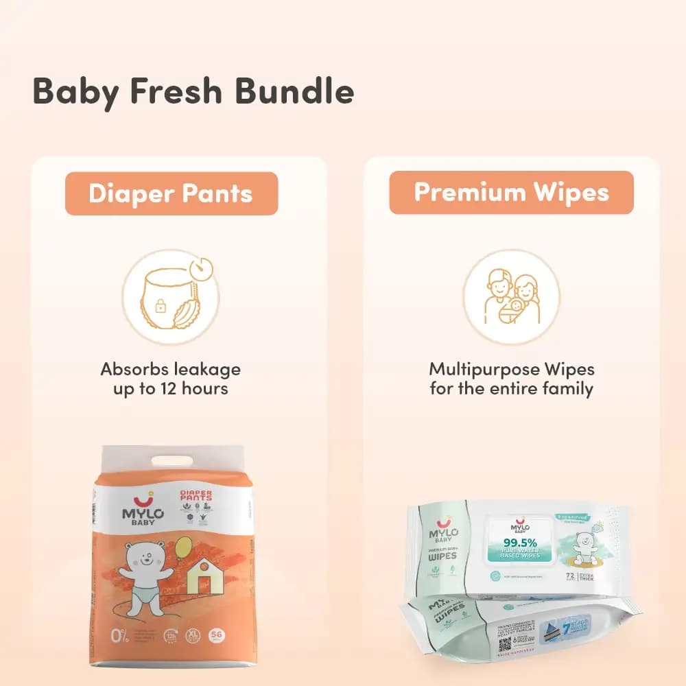 Baby Diaper Pants Extra Large (XL) Size 12-17 kgs (Jumbo Pack) + 99.5% Ultra Pure Water- Based Premium Wipes (Pack of 2)