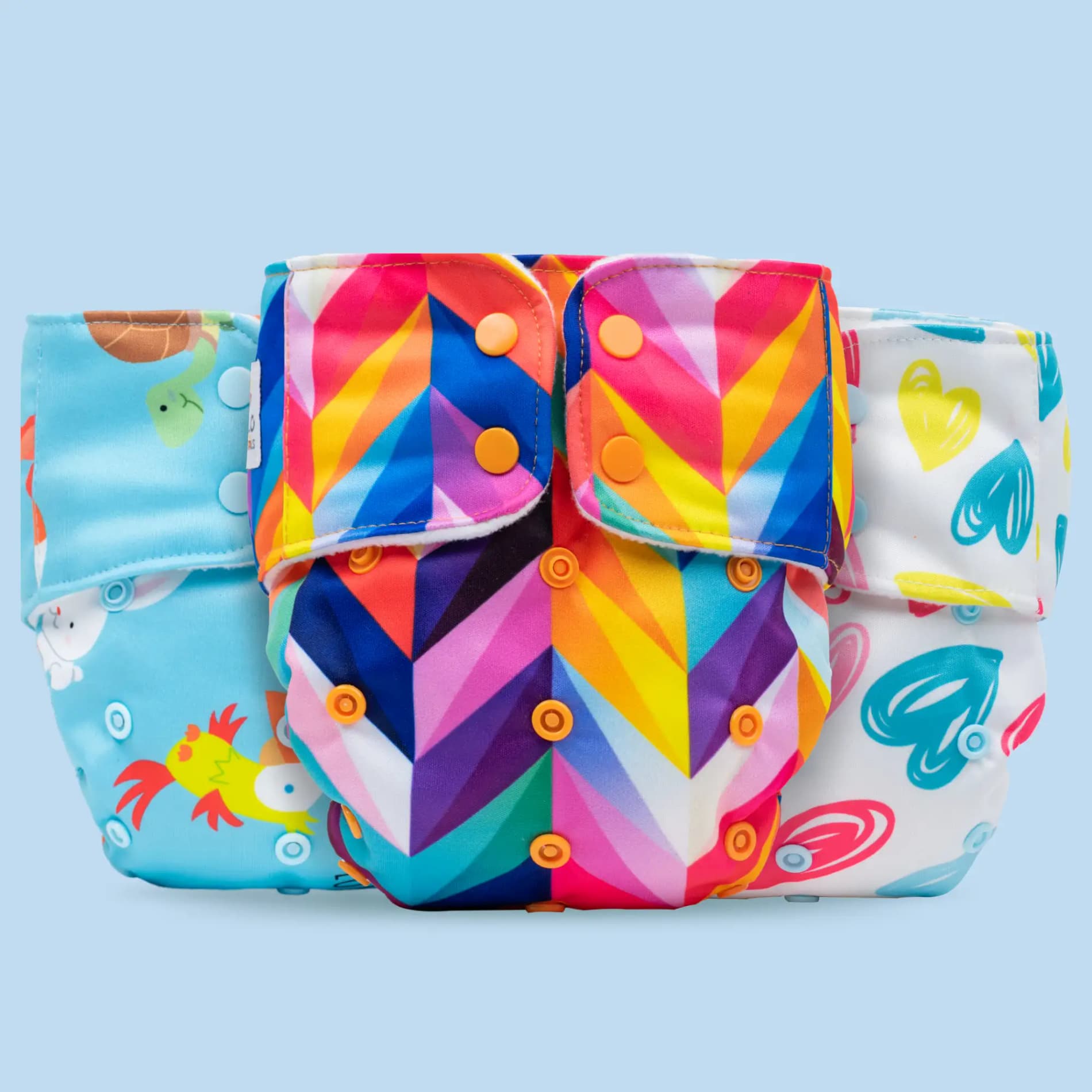 Adjustable & Reusable Cloth Diaper - Rainbow, Pet Love & Heart Doodles - Pack of 3