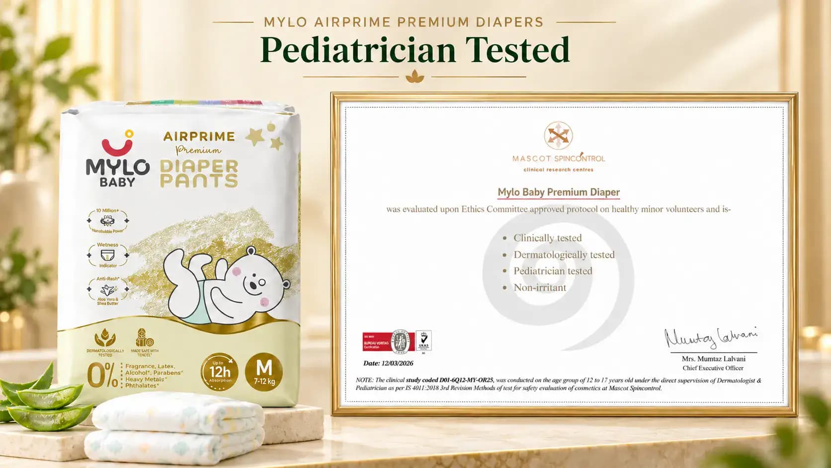 Mylo AirPrime Premium Diaper: Certified Hypoallergenic, Non-Irritant & Pediatrician Tested 