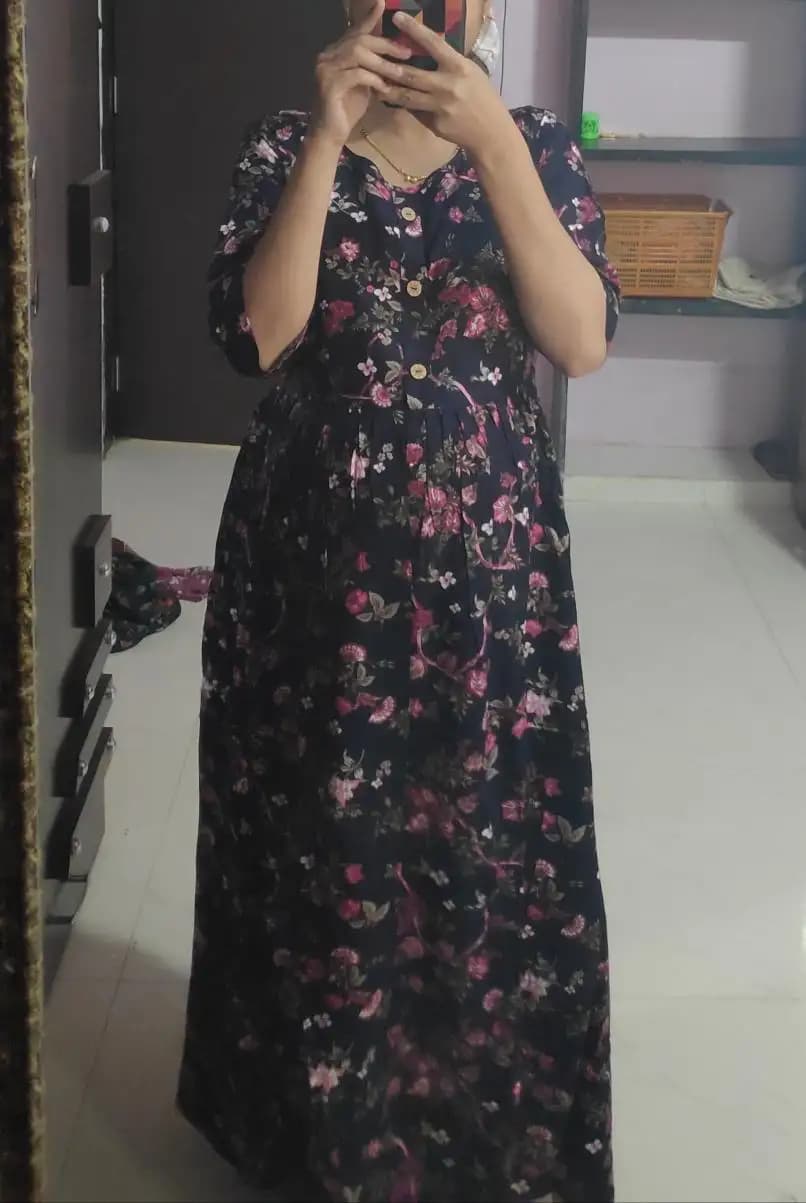Maternity Dresses For Women with Both Side Zipper For Easy Feeding | Adjustable Belt for Growing Belly | Maxi Nighty Dress | Pink Peony | L