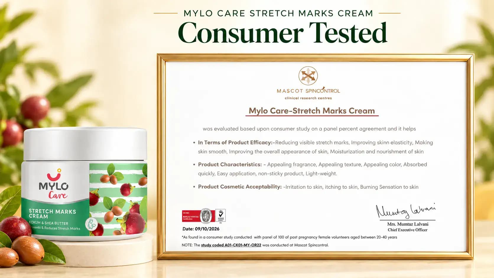 Mylo Care-Stretch Marks Cream Clinical Study Certificate - Dermatologically Safe & Clinically Effective 