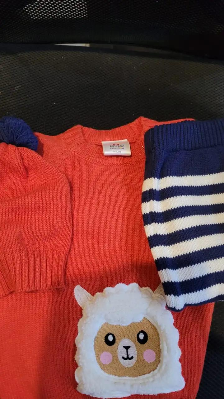 Baby Full Sleeves Sweater & Stripe Pant Set with Cap in 100% Cotton – Red & Navy Cute Sheep (6-9 M)