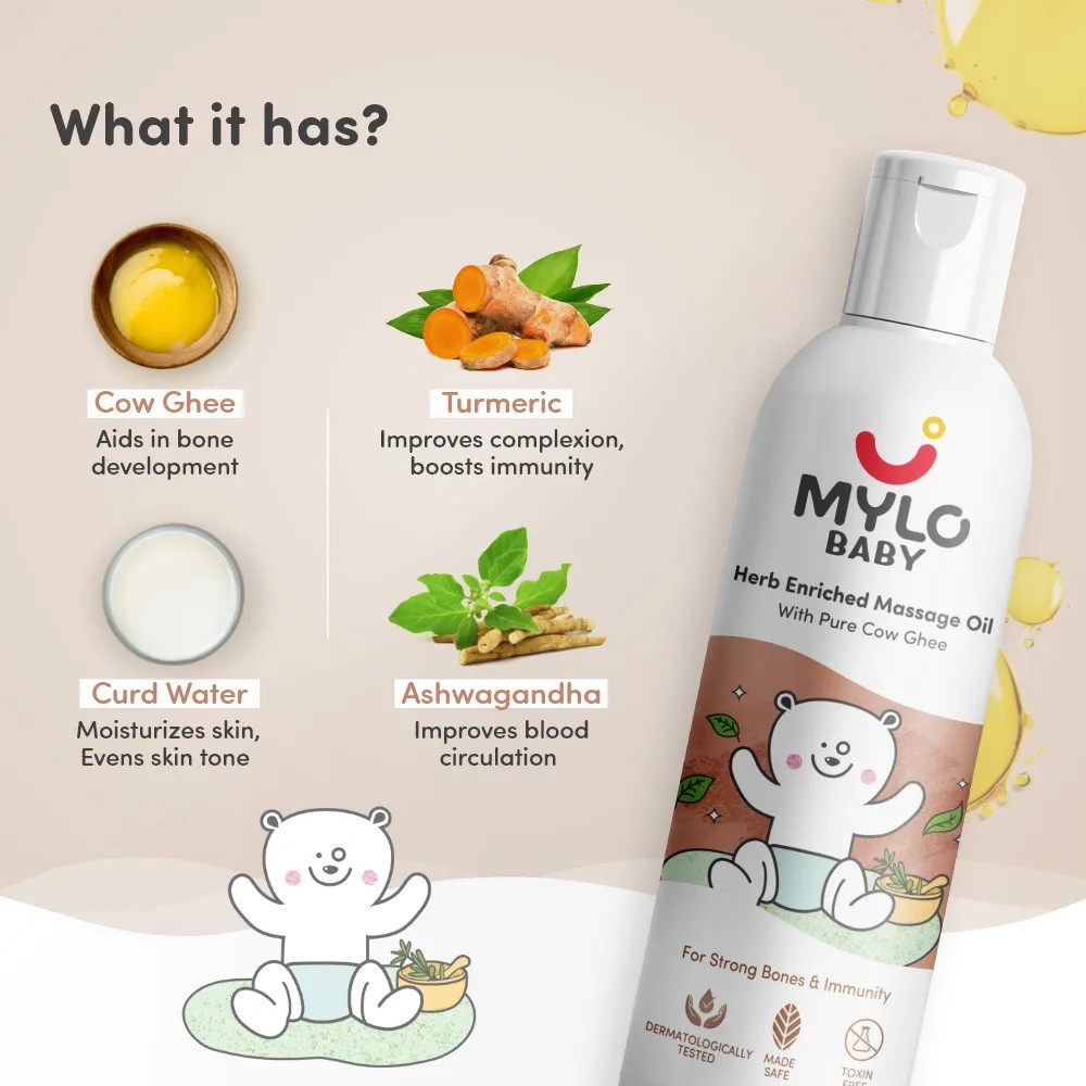 Mylo Herb Enriched Baby Massage Oil - 200 ml | Pack of 2 | For Winters Dermatologically Tested | Made Safe Certified | Nourishes Skin | Strengthens Immunity | Ayurvedic Preparation