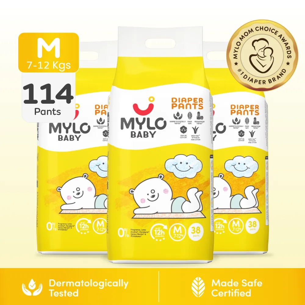 Mylo Baby Diaper Pants Medium (M) Size 7-12 kgs (114 count) - Pack of 3