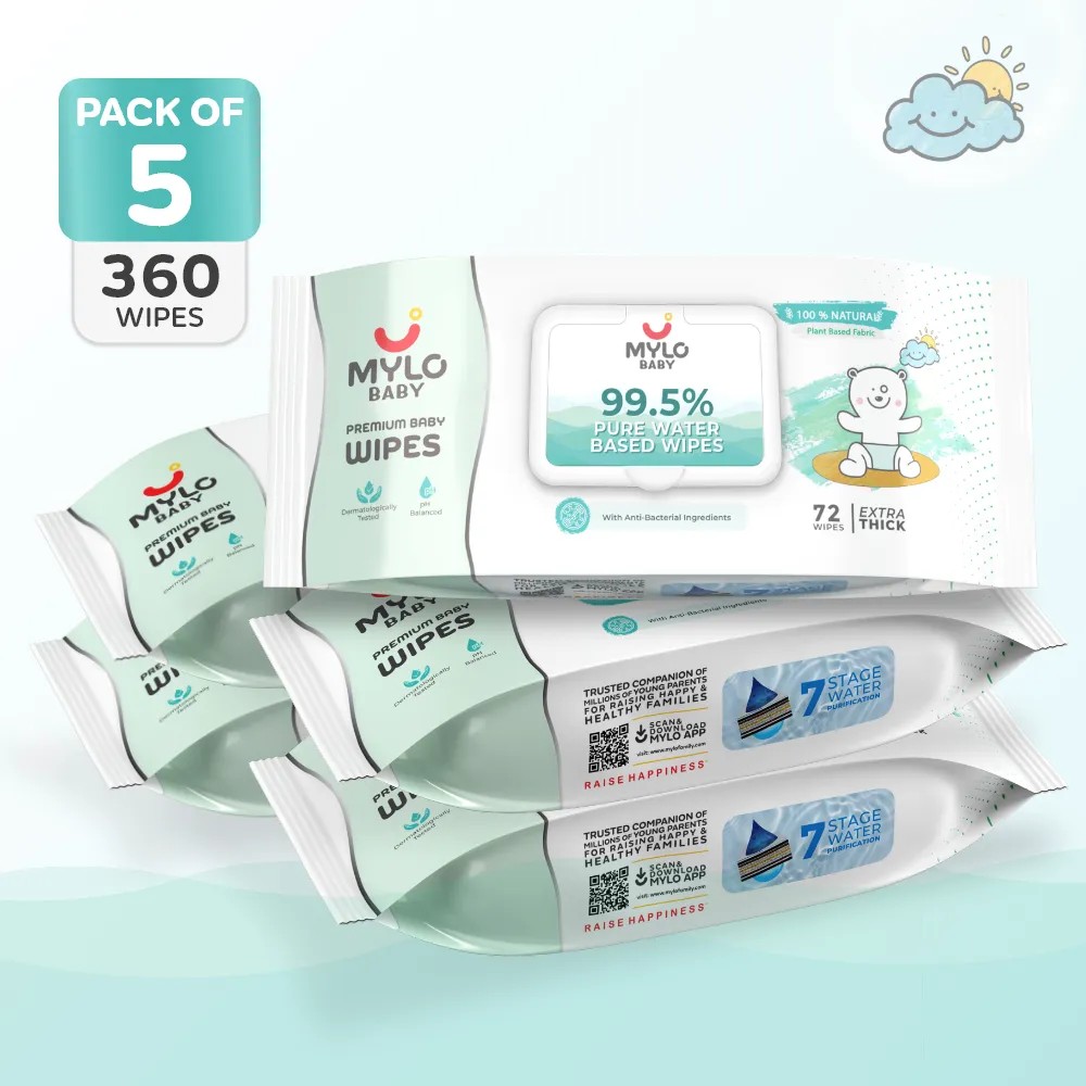 Mylo Baby 99.5% Ultra Pure Water- Based Premium Wipes with 100% Extra Thick Cotton Fabric with Lid - Pack of 5