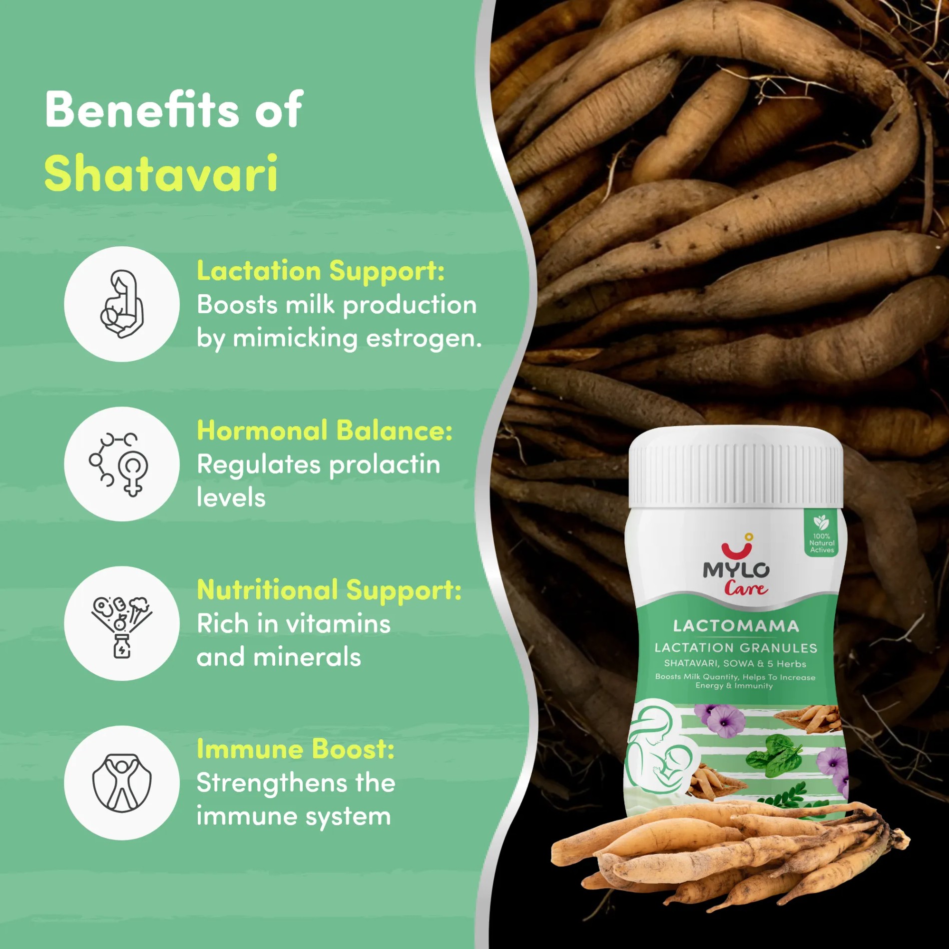 Mylo LactoMama ™ | With Shatavari, Sowa & 5 herbs | Natural Supplement for Boosting Breast Milk | 100% Natural Ingredients | 300g | Pack of 4 | Elaichi