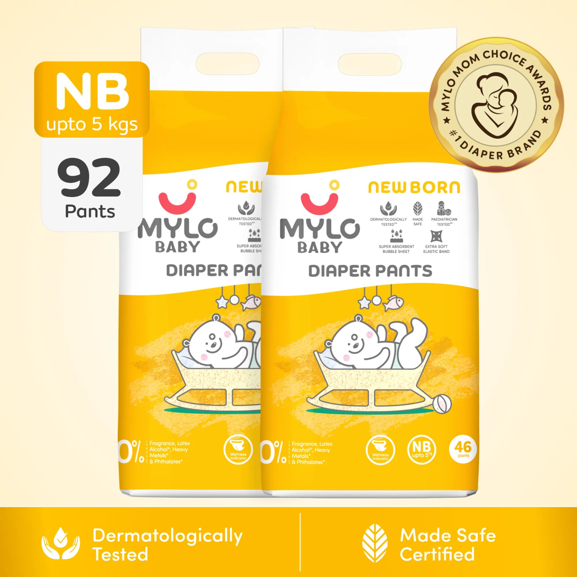 Mylo Baby New Born Diaper Pants | Up to 5Kgs | with Wetness Indicator | 92 Count 