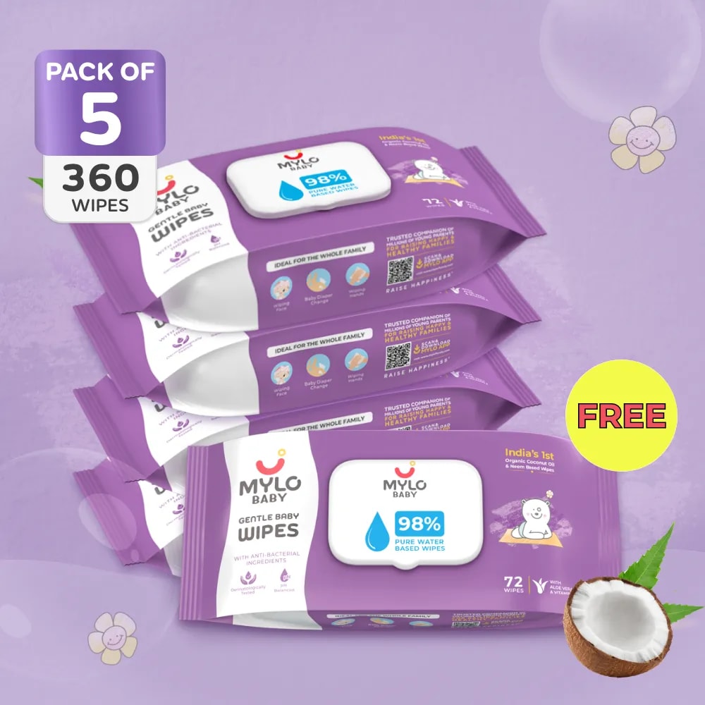 Gentle Baby Wipes With Lid - Organic Coconut Oil, Neem, Aloe Vera and Vitamin E | 98% Pure Water | Dermatologically Tested (Pack of 4 + 1 Pack Free) -72  Wipes Per Pack
