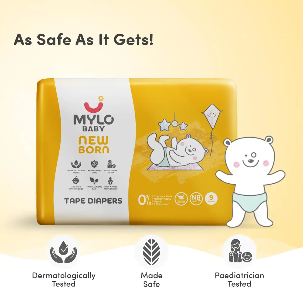 Mylo Baby New Born Tape Diapers | Size upto 5 kgs | 52 count | Naval Protection | Wetness Indicator | Rash Free | 12 Hours Protection