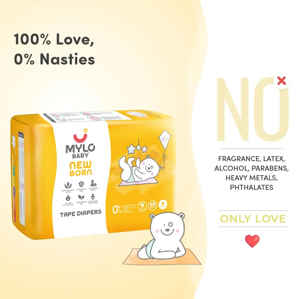 Mylo Baby New Born Tape Diapers | Size upto 5 kgs | 52 count | Naval Protection | Wetness Indicator | Rash Free | 12 Hours Protection