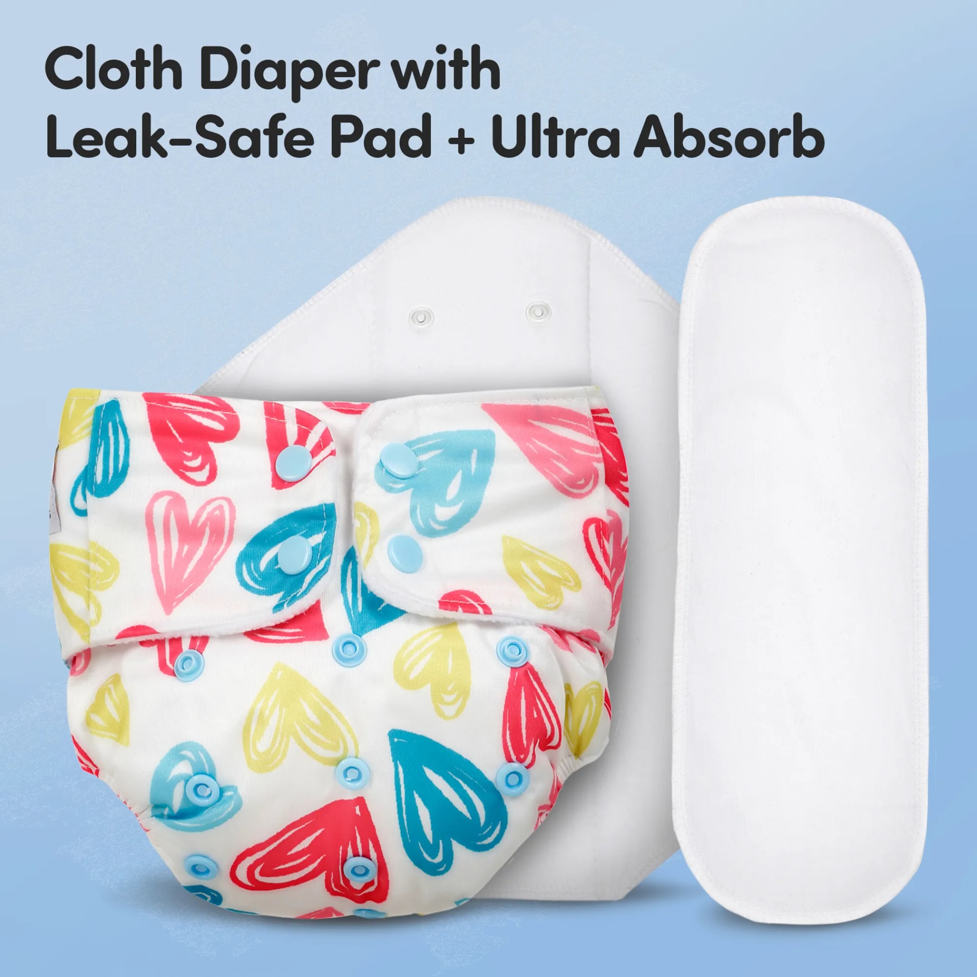 Adjustable & Reusable Cloth Diaper with Leaksafe & Ultra Absorb Pad (3M-3Y) - Heart Doodle Print - Pack of 1