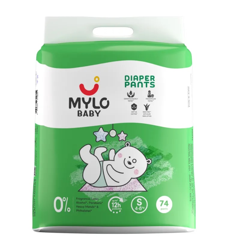 Mylo Baby Diaper Pants Small (S) Size, 4-8 kgs with ADL Technology - 74 Count - 12 Hours Protection