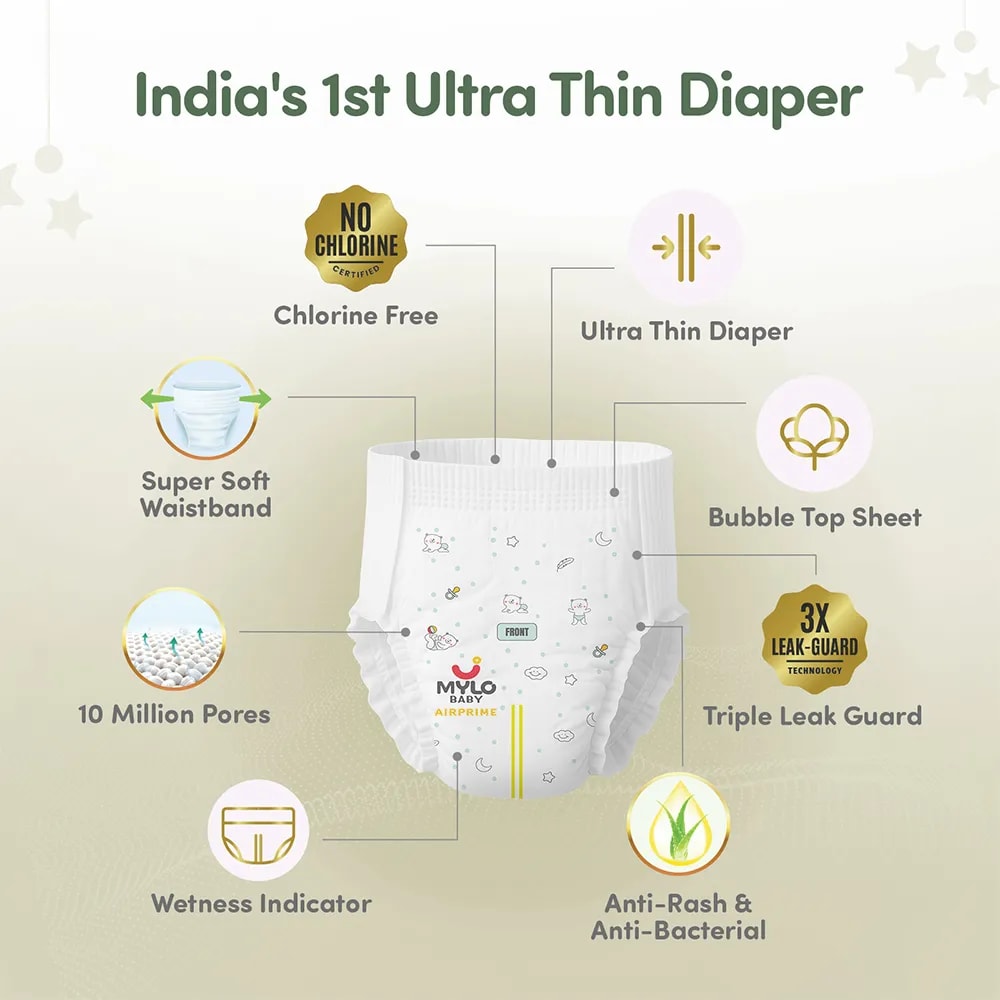 Mylo Airprime™ Premium Diaper Pants with Wetness Indicator - M(7-12 Kgs) - 104 Count