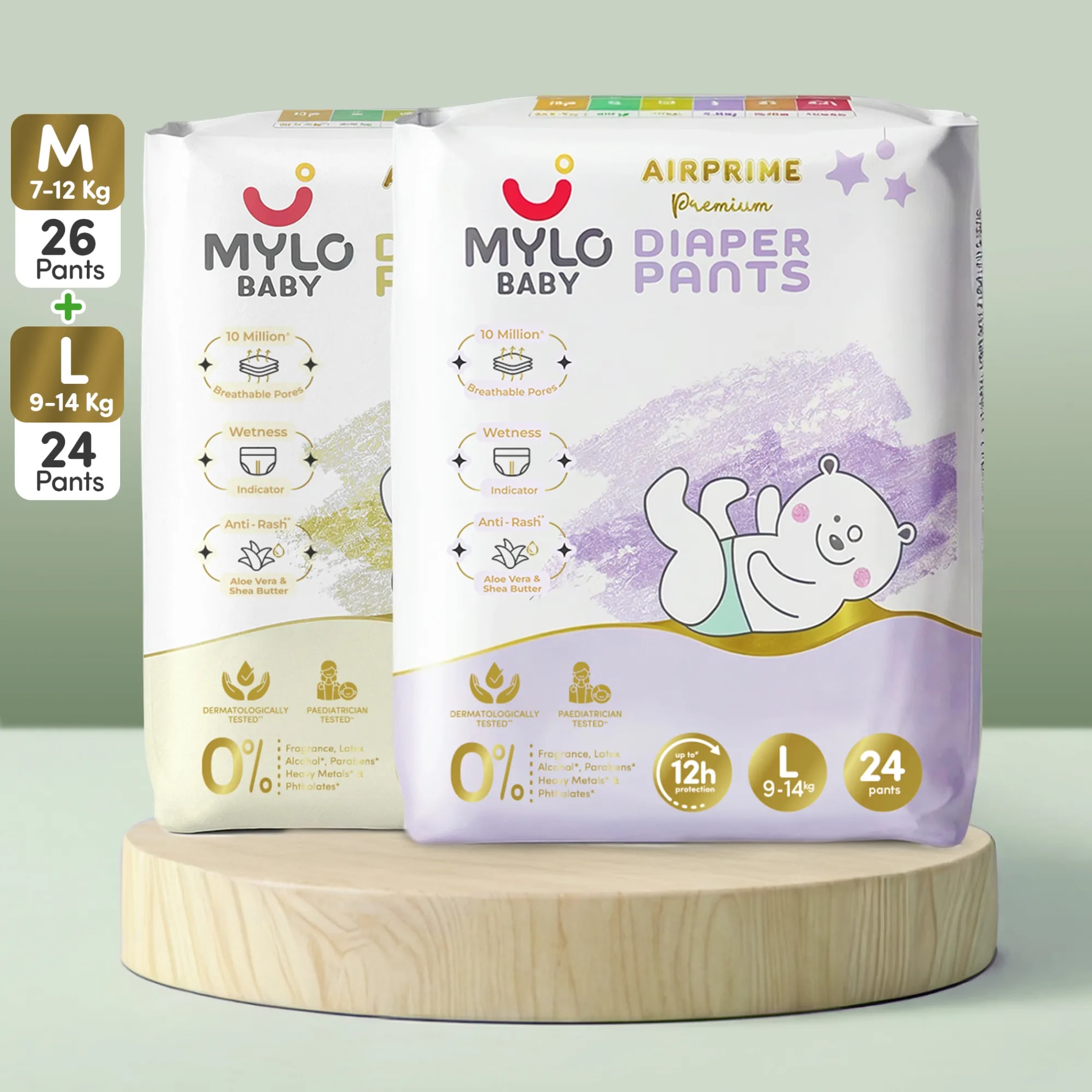 Baby Growth Combo- (M+L) - Mylo Airprime™ Premium Diaper Pants with Wetness Indicator (7-12 Kgs) - 50 Count