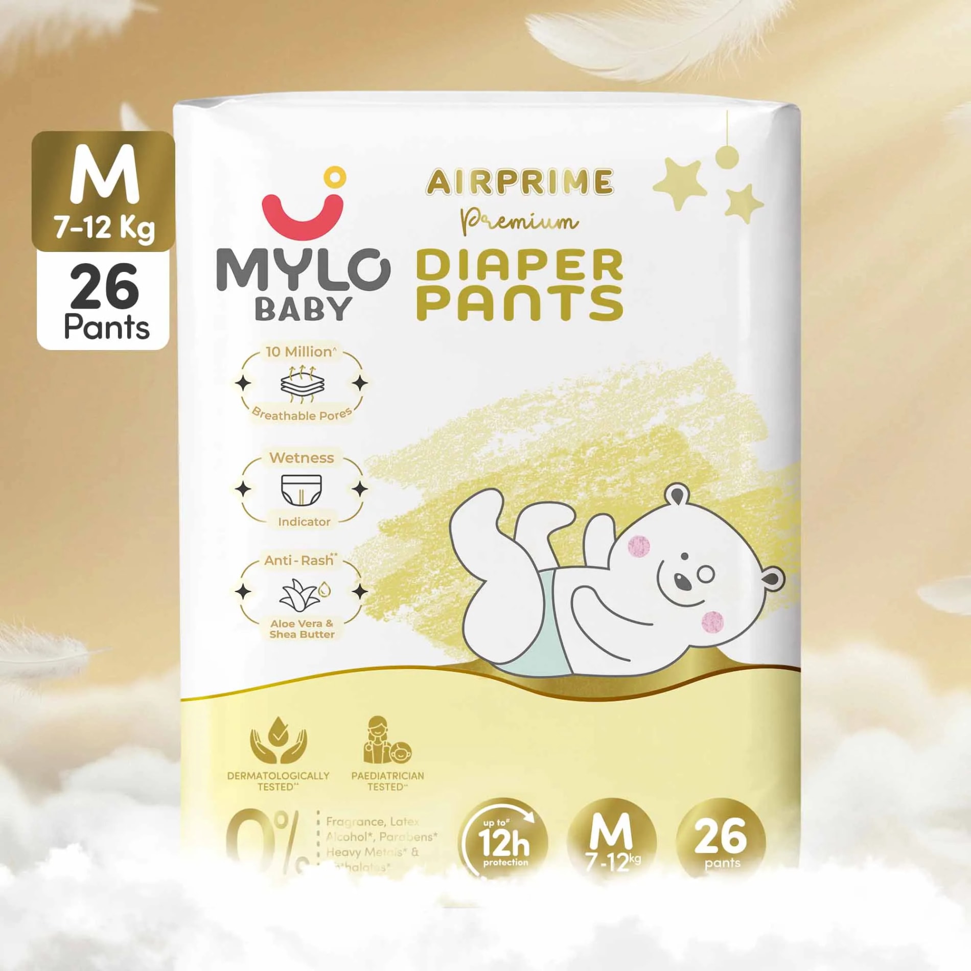 Mylo Airprime™ Premium Baby Diaper Pants | Rash-free | Leak-proof | Ultra-thin | Wetness Indicator - M(7-12 Kgs) - 26 Count