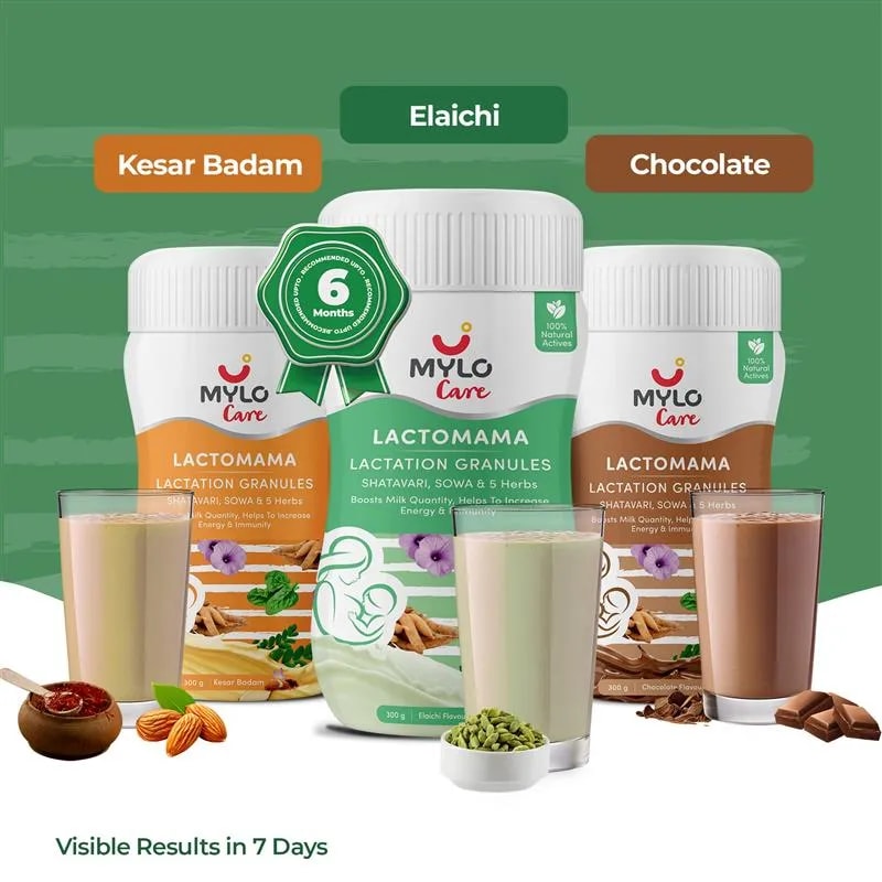 Mylo LactoMama ™ | With Shatavari, Sowa & 5 herbs | Natural Supplement for Boosting Breast Milk Supply | 100% Natural Ingredients | 300g | Pack of 1 each | Elaichi + Chocolate + Kesar
