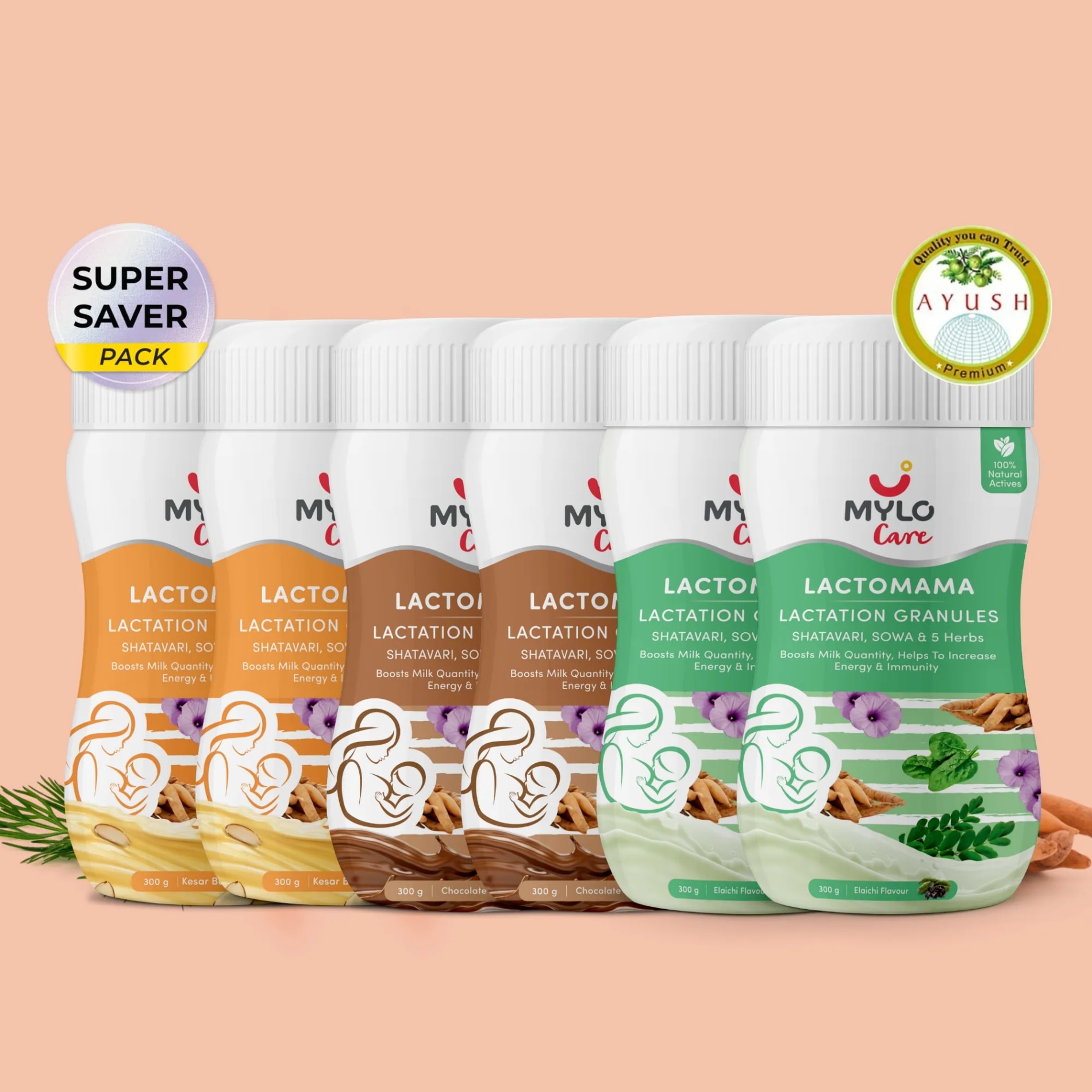 Increase Breast Milk Supply with LactoMama ™ Lactation Granules - 300g - Pack of 6 | Elaichi + Chocolate + Kesar Badam