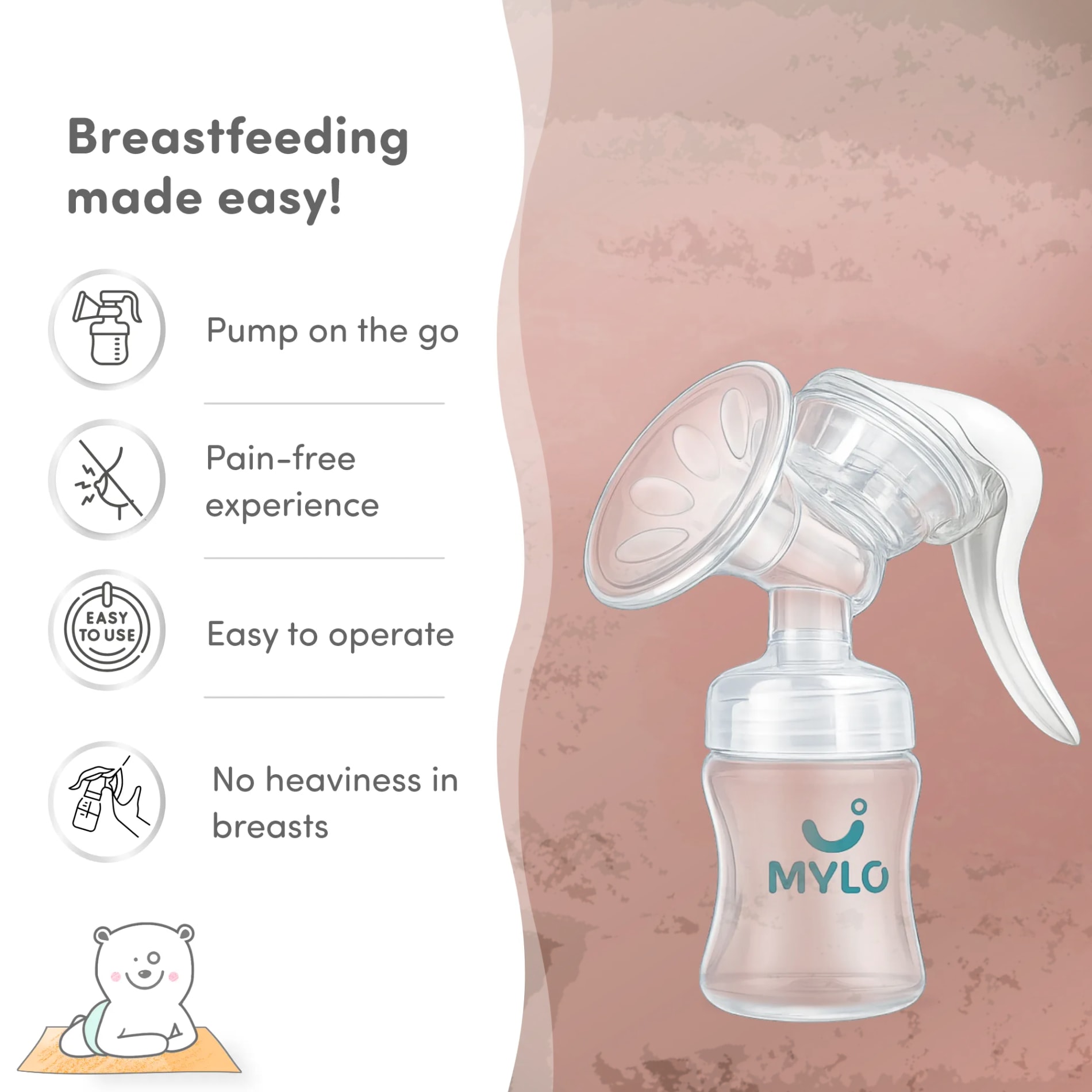 Manual Breast Pump For Feeding Mothers | Anti Colic & BPA Free | Compact & Lightweight | Easy to hold | Easy to Clean | With Bottle (150 ml)