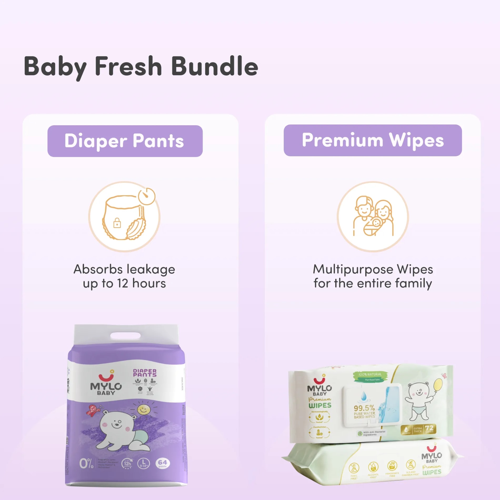 Baby Diaper Pants Large (L) Size 9-14 kgs (Jumbo Pack) + 99.5% Ultra Pure Water- Based Premium Wipes (Pack of 2)