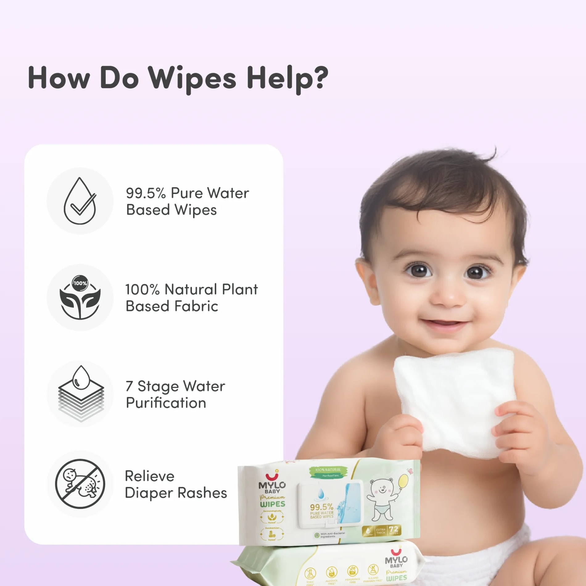 Baby Diaper Pants Large (L) Size 9-14 kgs (Jumbo Pack) + 99.5% Ultra Pure Water- Based Premium Wipes (Pack of 2)