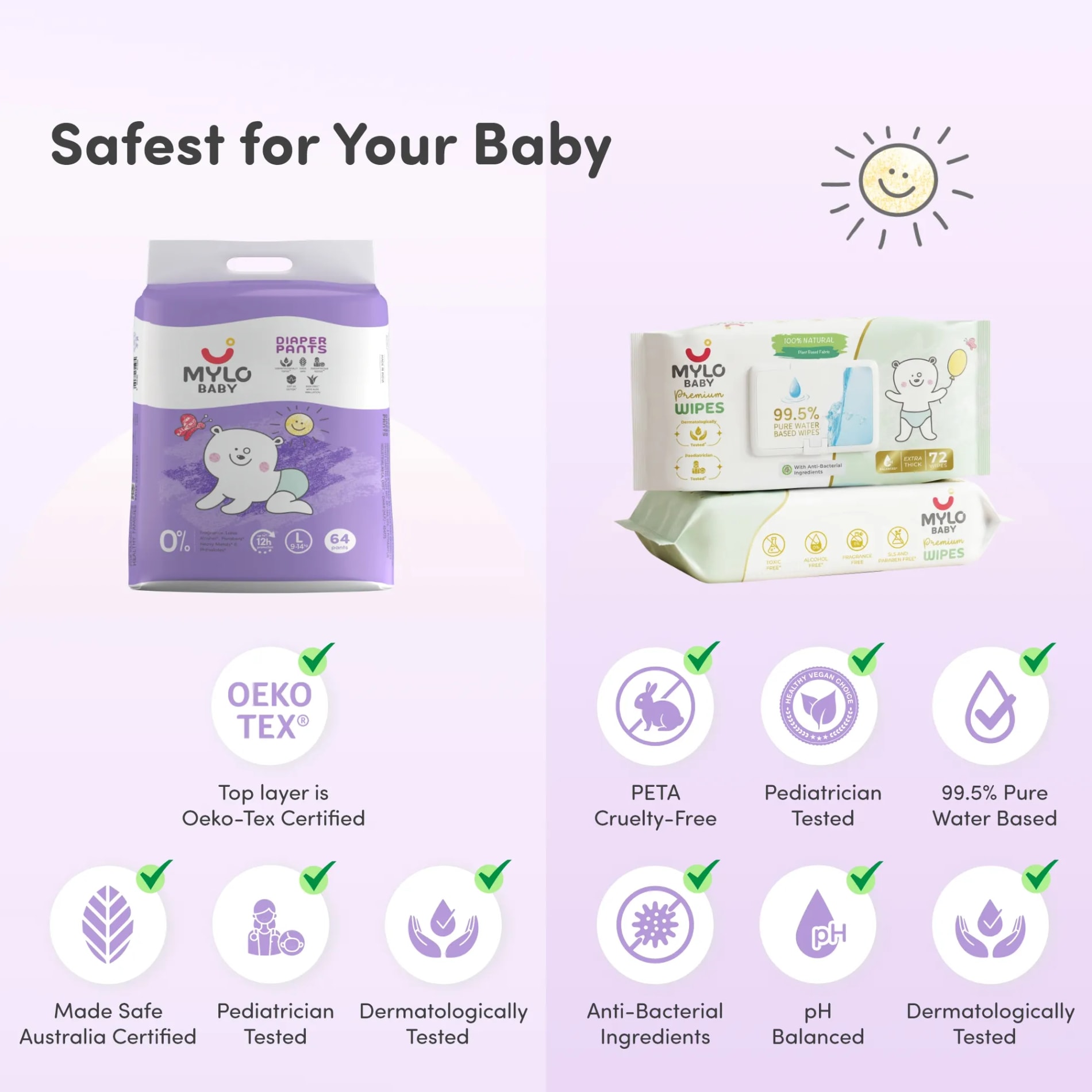 Baby Diaper Pants Large (L) Size 9-14 kgs (Jumbo Pack) + 99.5% Ultra Pure Water- Based Premium Wipes (Pack of 2)