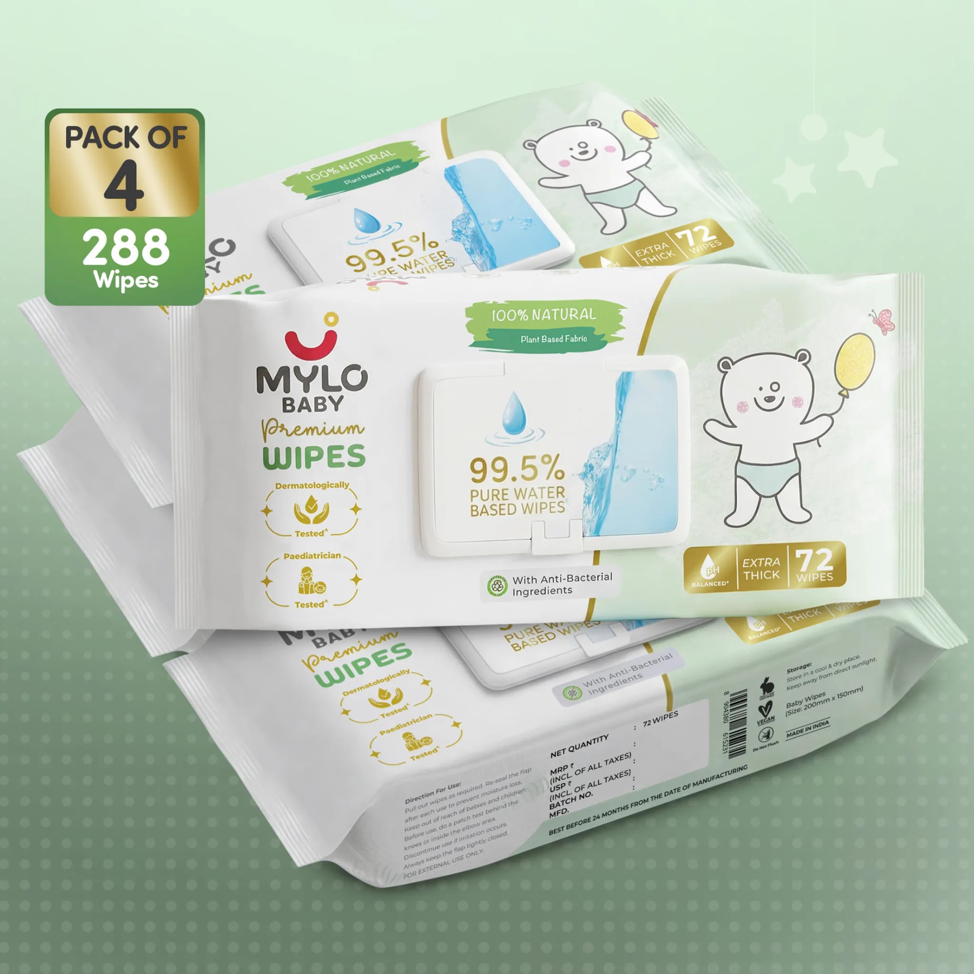 Mylo Baby 100% Plant-based Premium Wipes with 99.5% Pure Water & Calendula Extract - Pack of 4