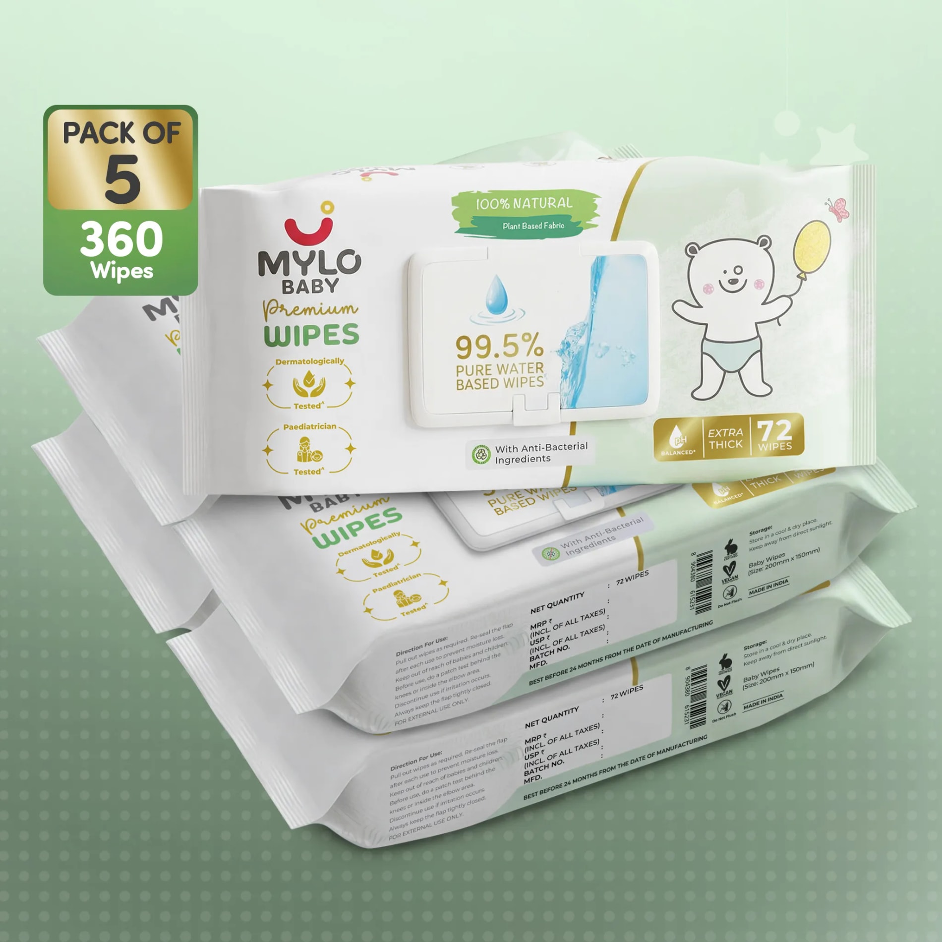Mylo Baby 100% Plant-based Premium Wipes with 99.5% Pure Water & Calendula Extract - Pack of 5