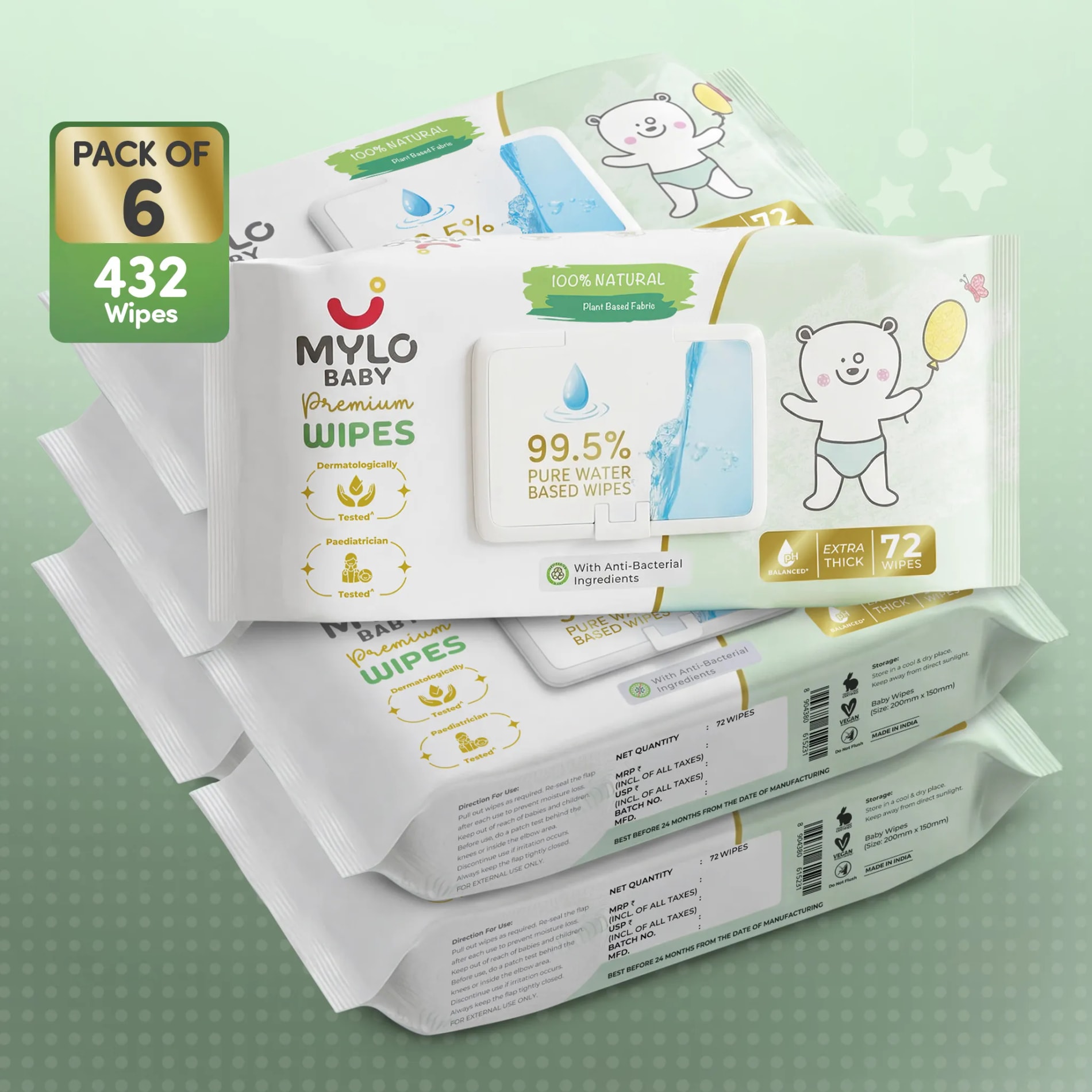 Mylo Baby 100% Plant-based Premium Wipes with 99.5% Pure Water & Calendula Extract - Pack of 6