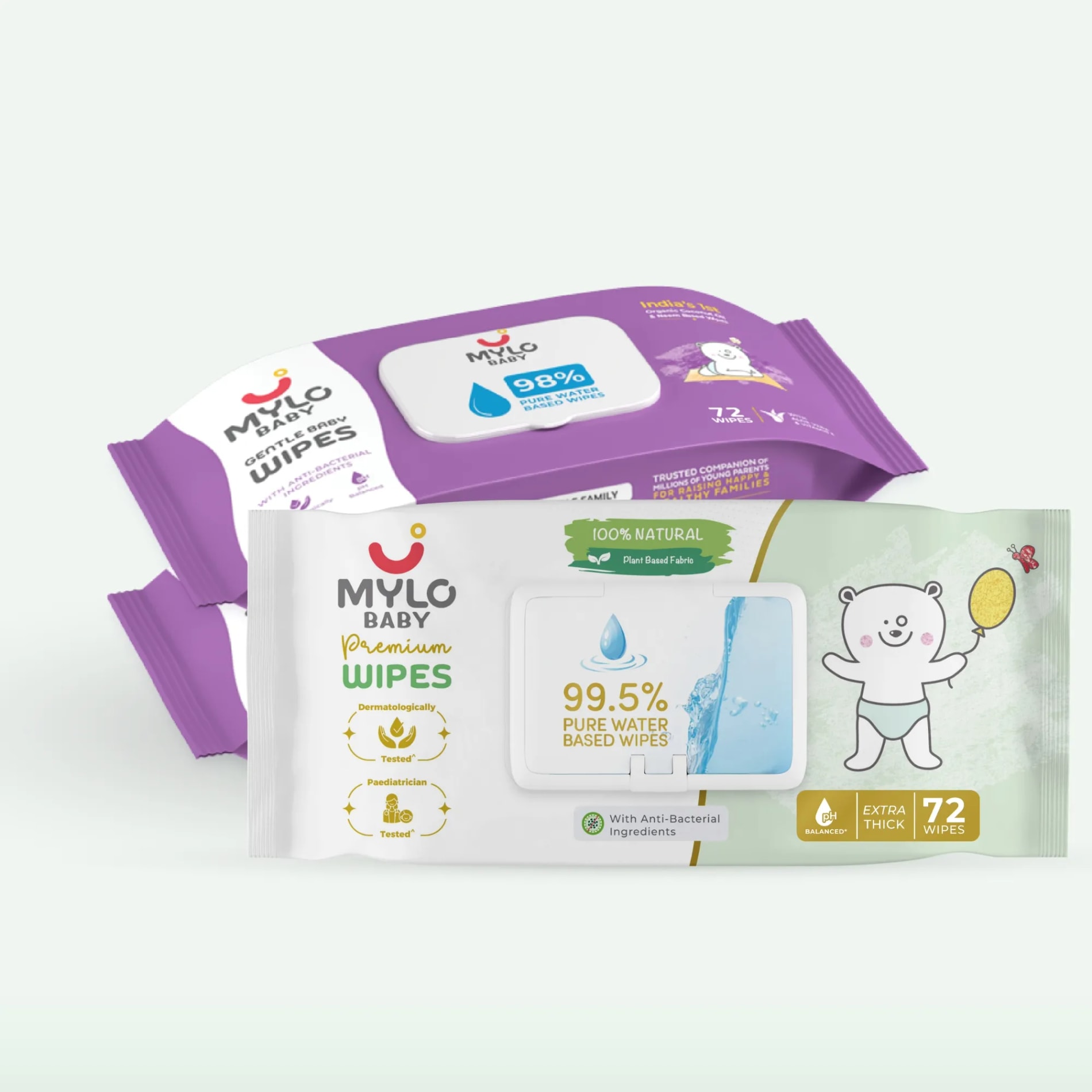 Gentle Baby Wipes (Pack of 2) + 100% Plant-based Premium Wipes (Pack of 1)