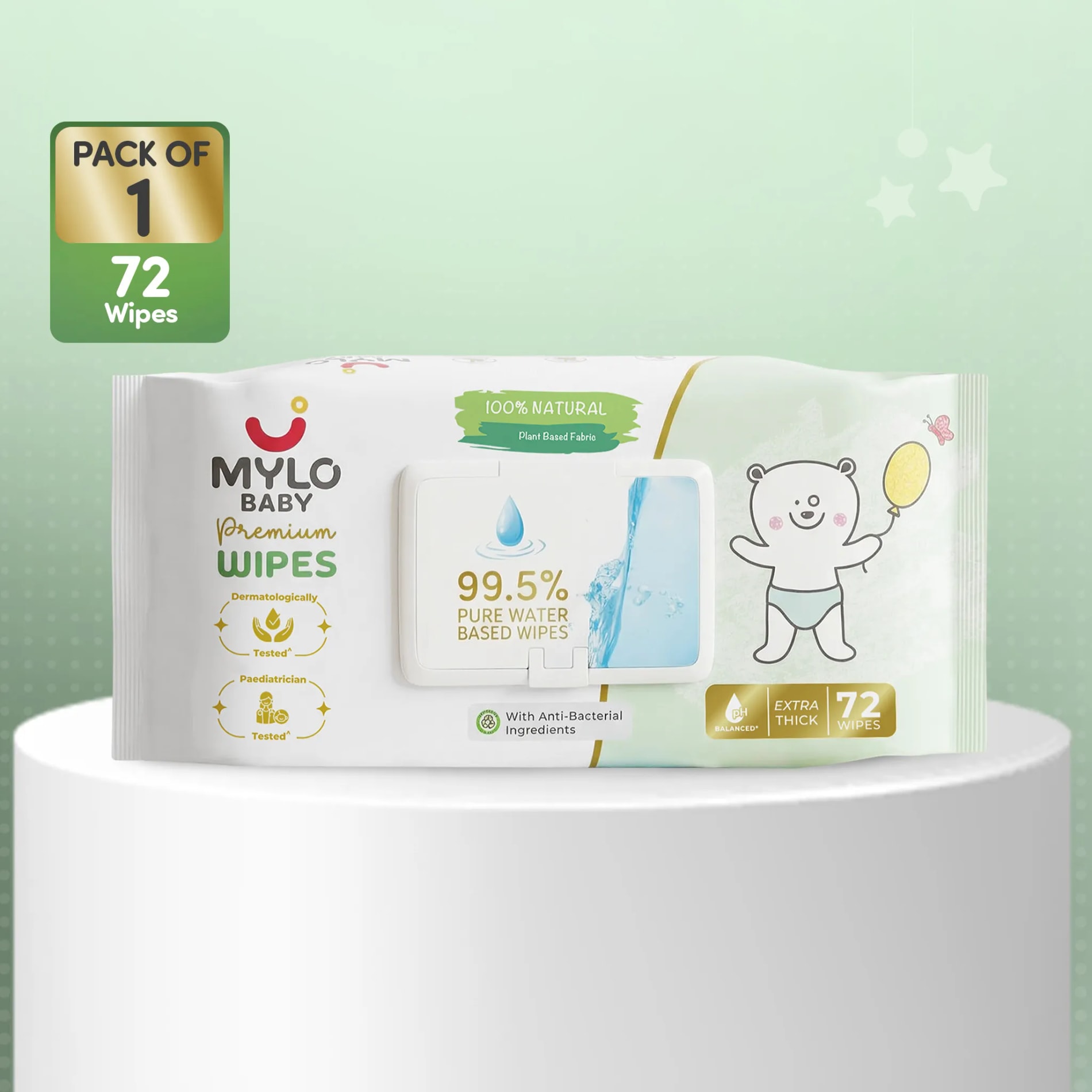 100% Plant-based Premium Wipes with 99.5% Pure Water - Pack of 1