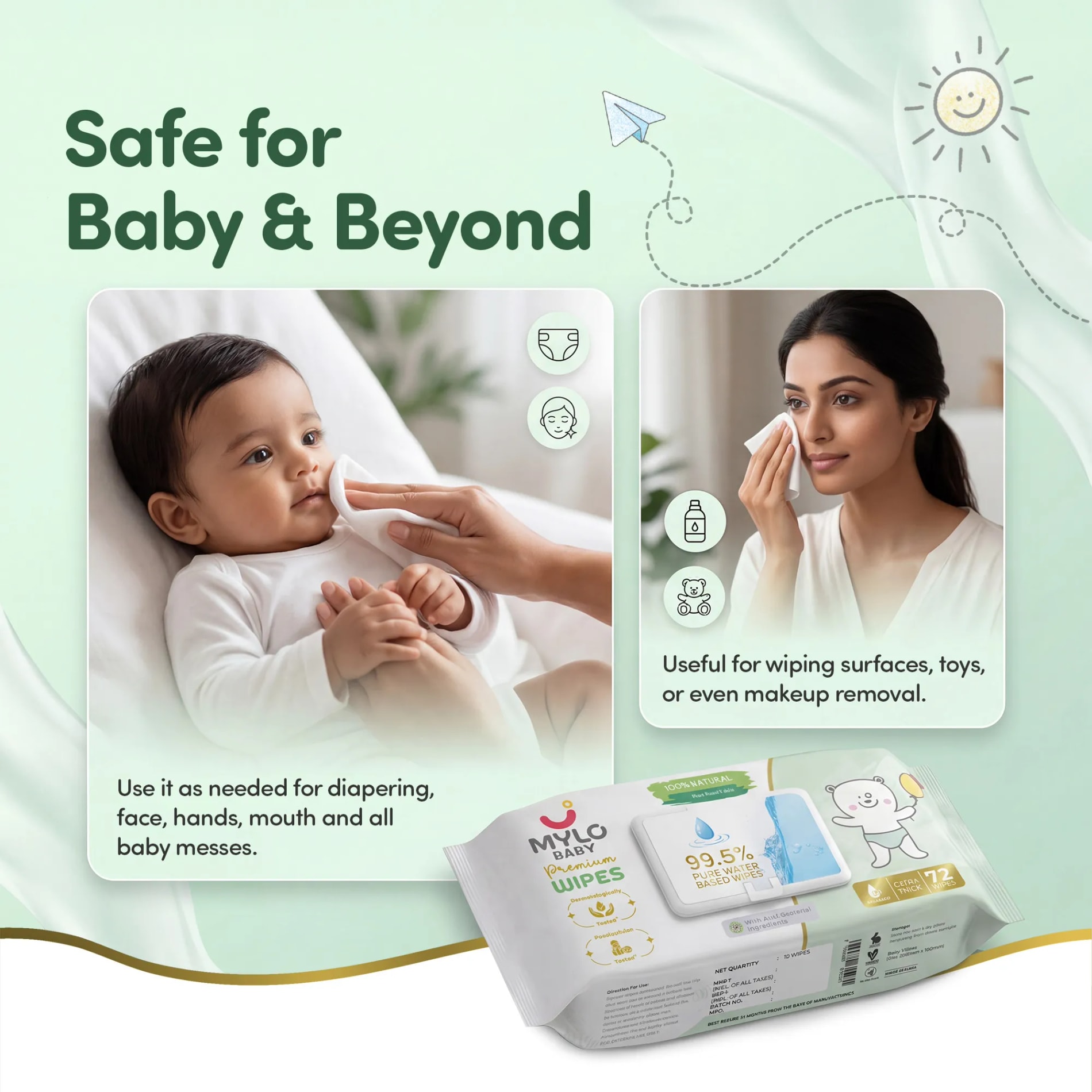 Mylo Baby 100% Plant-based Premium Wipes with 99.5% Pure Water & Calendula Extract - Pack of 3
