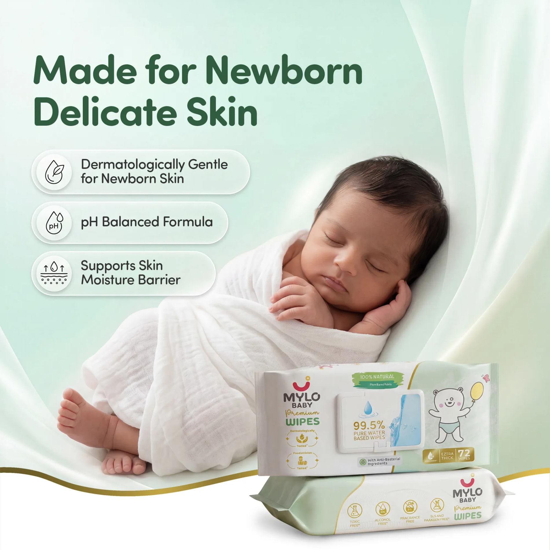Mylo Baby 100% Plant-based Premium Wipes with 99.5% Pure Water & Calendula Extract - Pack of 3