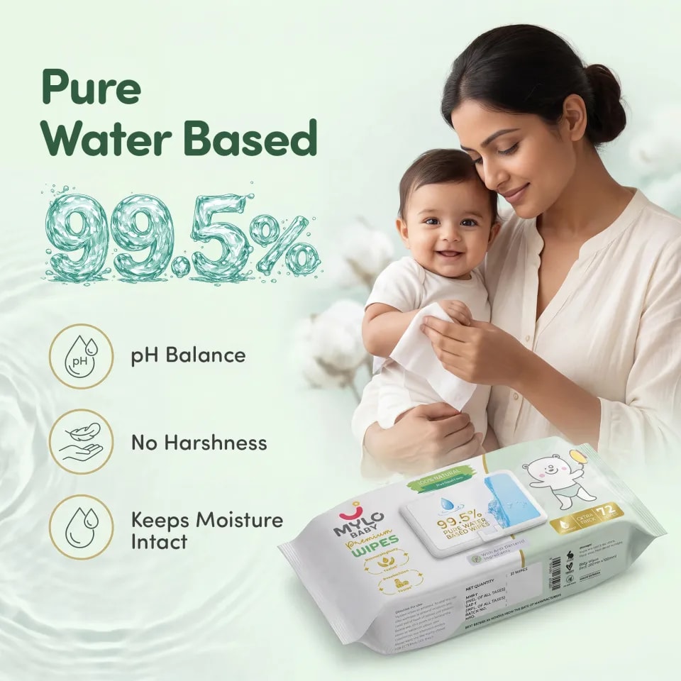 Mylo Baby 100% Plant-based Premium Wipes with 99.5% Pure Water & Calendula Extract - Pack of 4