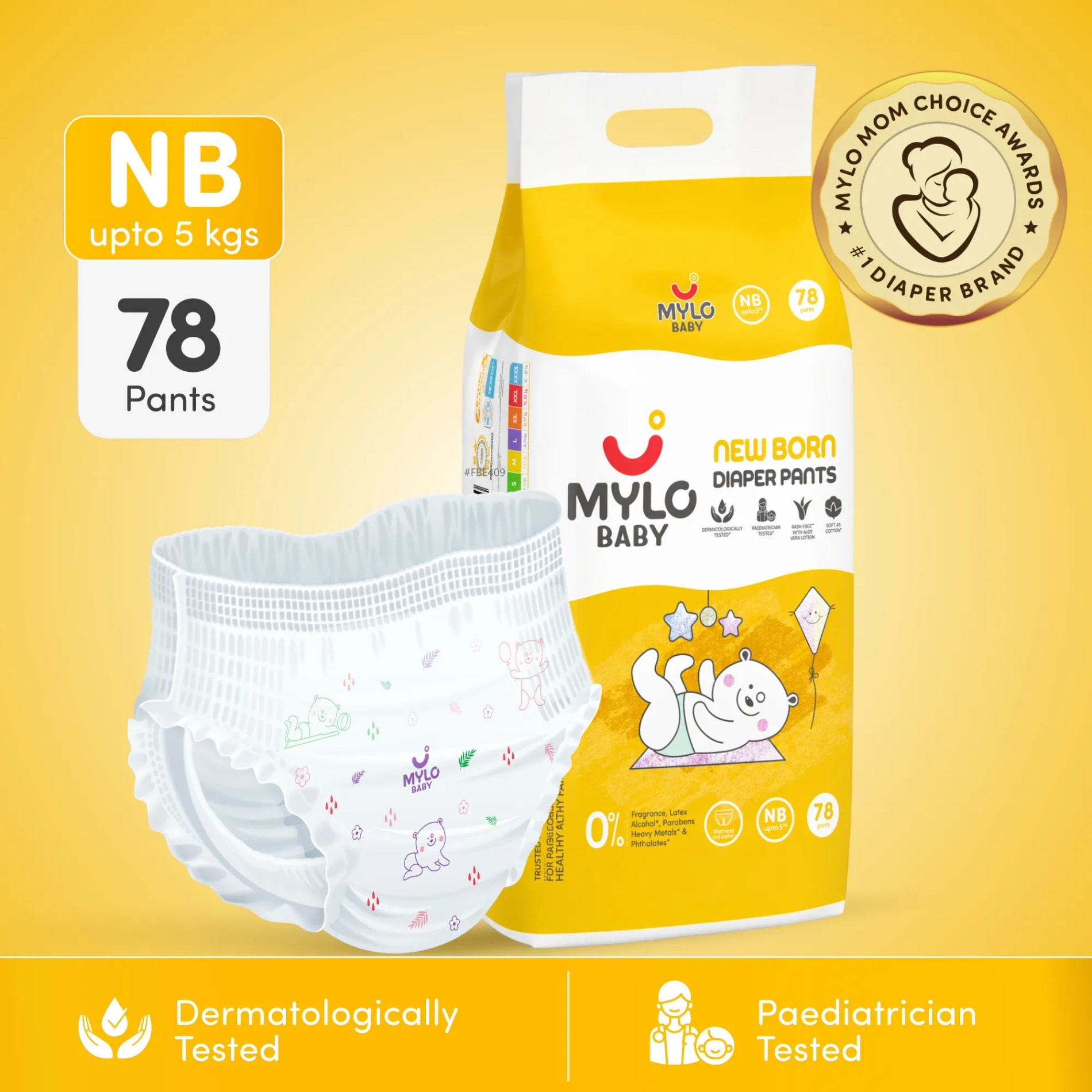 Mylo Baby New Born Diaper Pants | Size upto 5 kgs (78 count) | 12 Hours Protection | Rash Free | ADL Technology (Pack of 1)