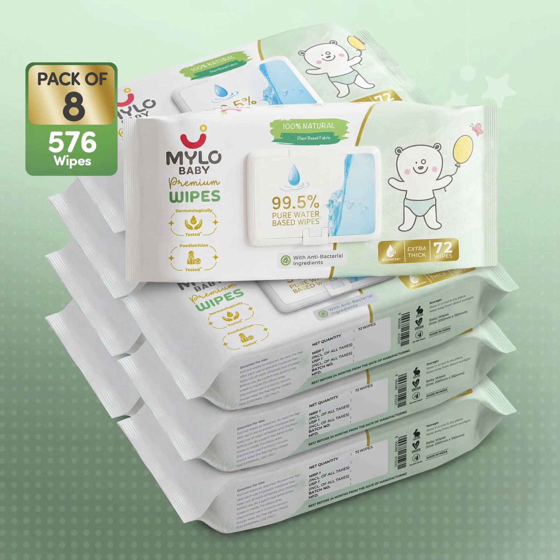 Mylo Baby 100% Plant-based Premium Wipes with 99.5% Pure Water & Calendula Extract - Pack of 8