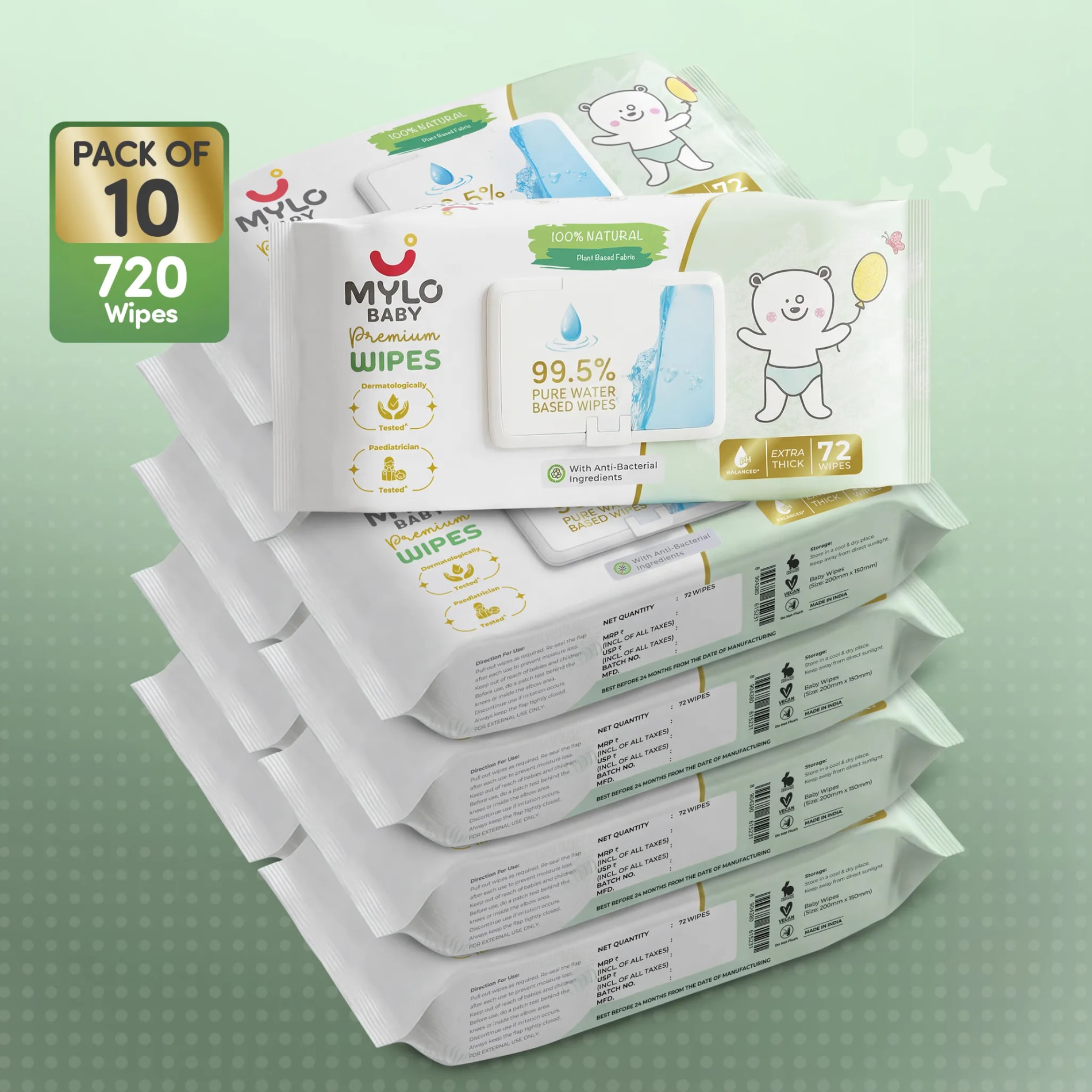 Mylo Baby 100% Plant-based Premium Wipes with 99.5% Pure Water & Calendula Extract - Pack of 10
