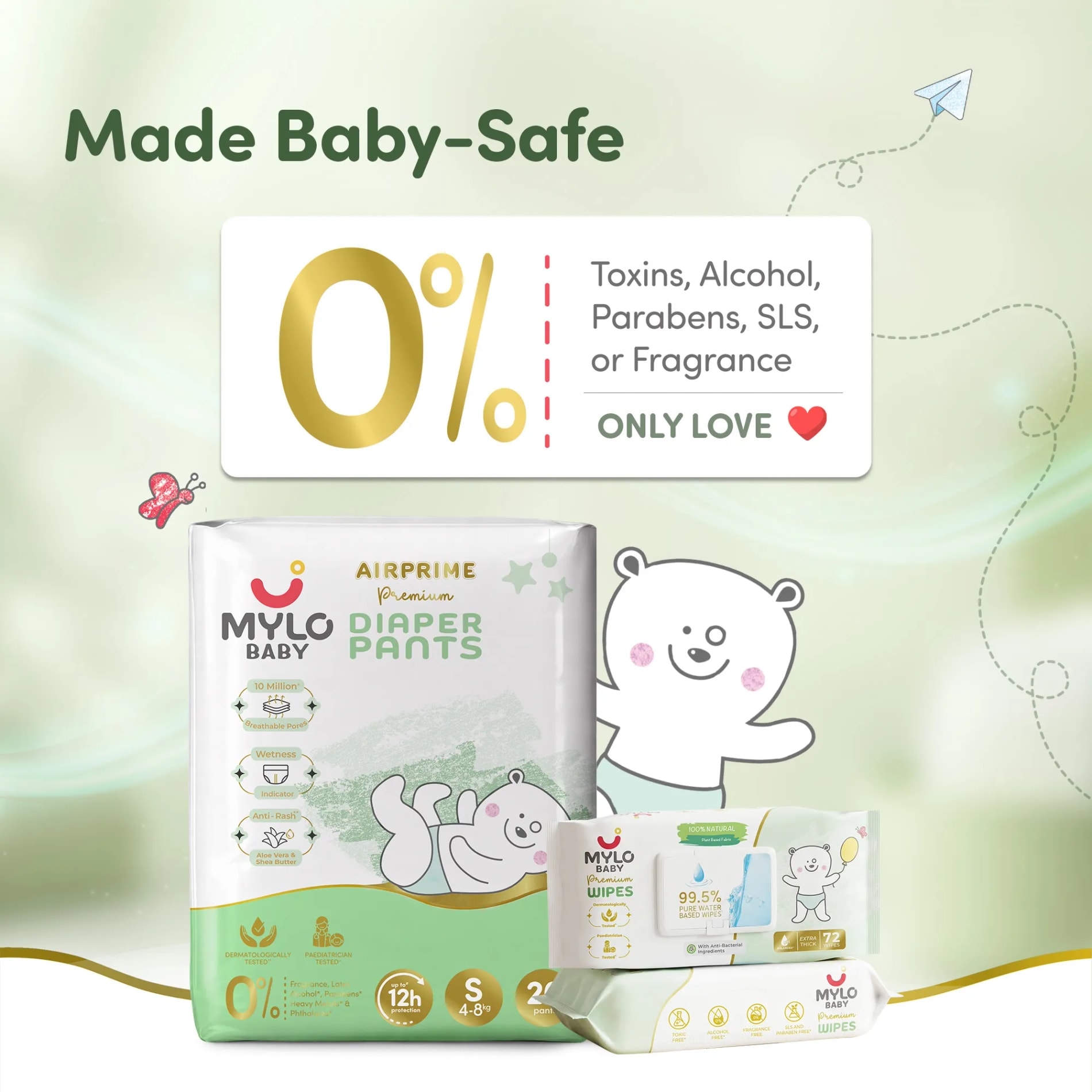 Mylo Rash Care Combo™ | Airprime Premium Diaper Pants S (5–9 kg, 26 Count) with Wetness Indicator + 100% Plant-Based Baby Wipes (99.5% Pure Water & Calendula, Pack of 2)