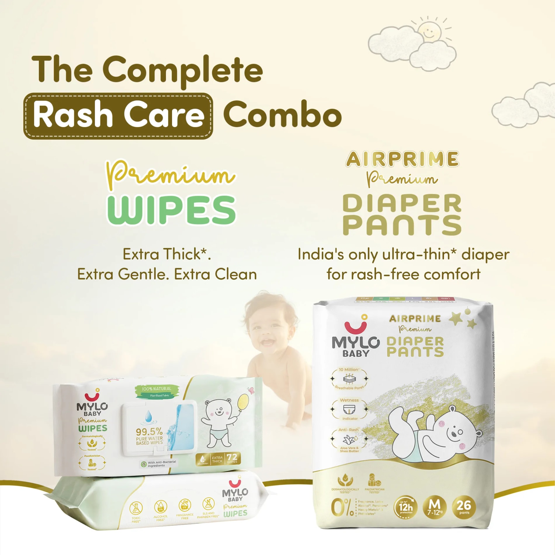 Mylo Rash Care Combo™ | Airprime Premium Diaper Pants M(8-13 Kgs- 26 Count) with Wetness Indicator + 100% Plant-Based Baby Wipes (99.5% Pure Water & Calendula, Pack of 2)