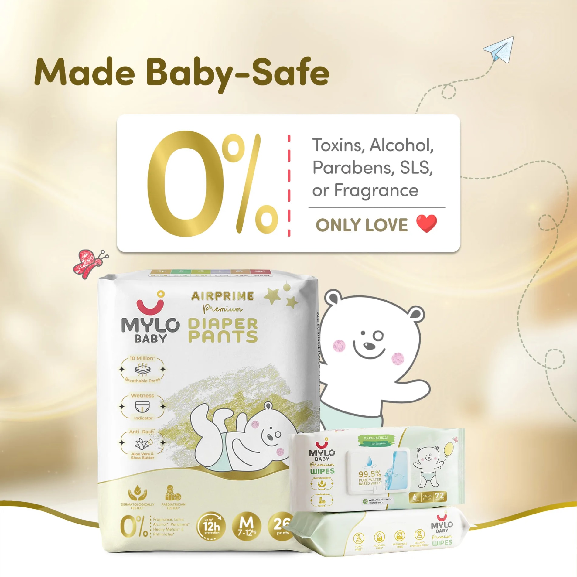 Mylo Rash Care Combo™ | Airprime Premium Diaper Pants M(8-13 Kgs- 26 Count) with Wetness Indicator + 100% Plant-Based Baby Wipes (99.5% Pure Water & Calendula, Pack of 2)